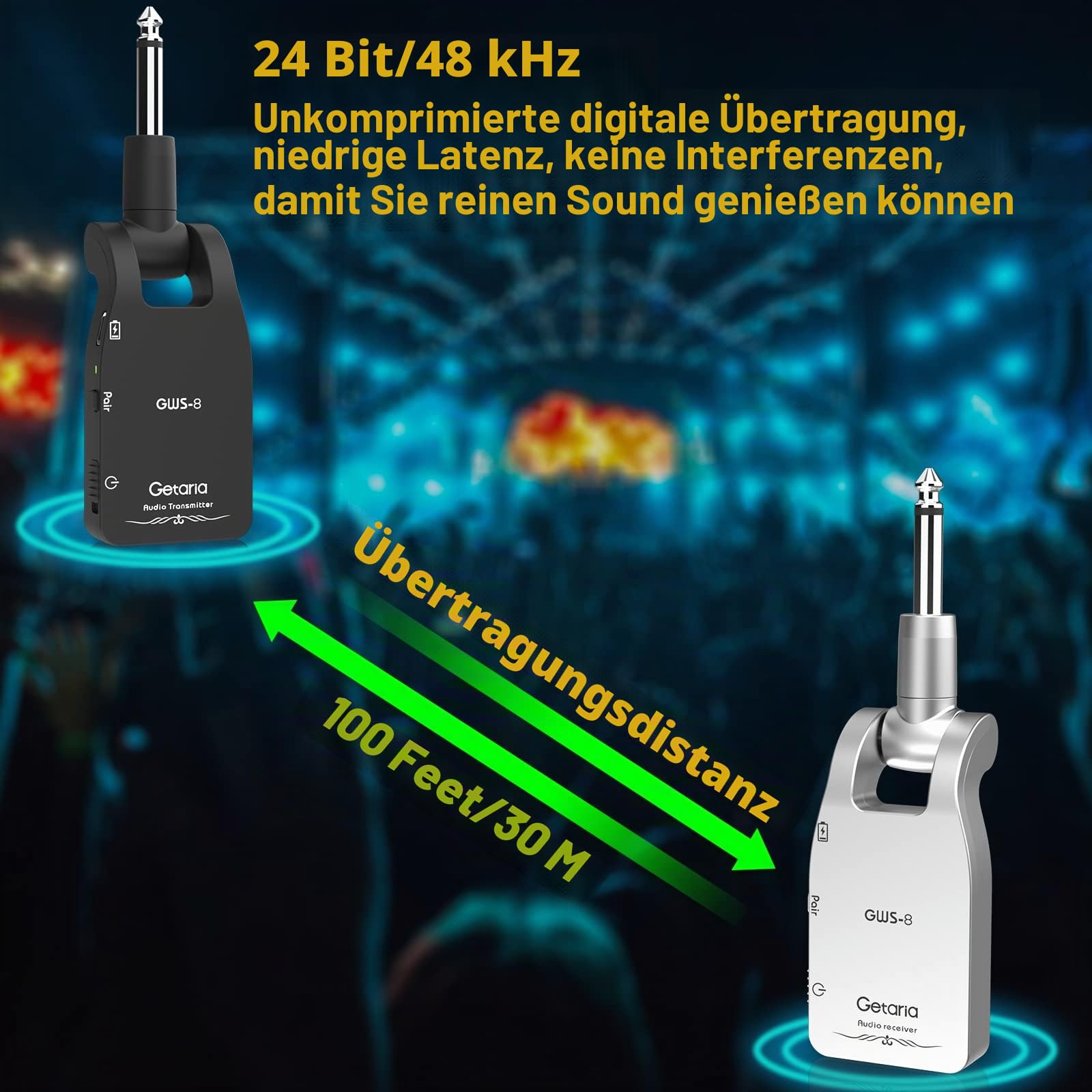 2,4 GHz Drahtloses Gitarrensystem, USB-C Quick Charge Transmitter & Empfänger mit 12ms Latenz, kompatibel mit allen gängigen Tonabnehmern für E-Gitarre, Bass & Akustikgitarre
