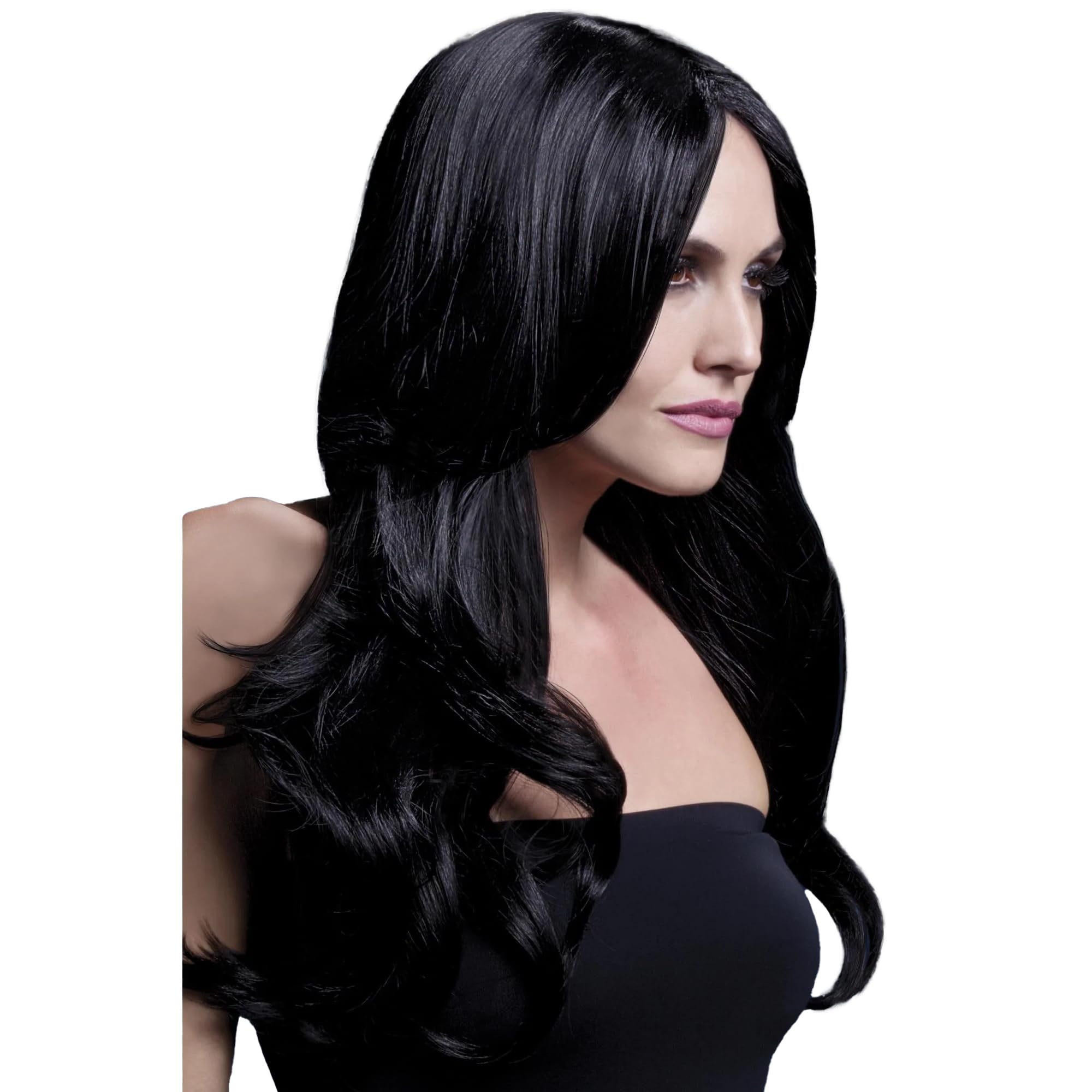 Smiffys Fever Khloe Wig, Black Long Wave with Centre Parting, 56cm/22in, Fever Wigs Fancy Dress, Fever Dress Up Wigs