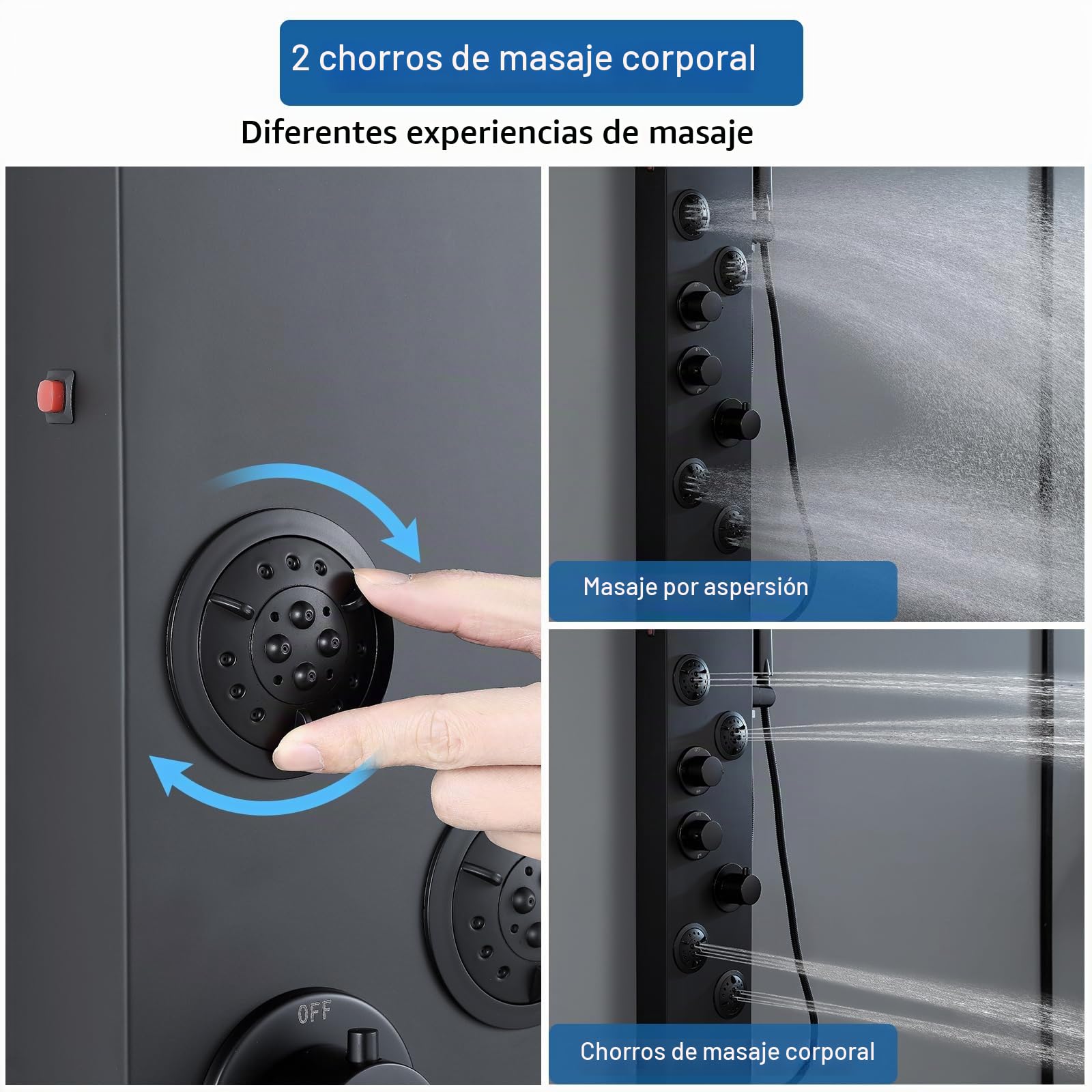 Sistema termostático de panel de ducha – 6 modos de columna de ducha con LED lluvia y niebla, 4 chorros de cuerpo de masaje, auricular y boquilla de baño, acero inoxidable, negro mate