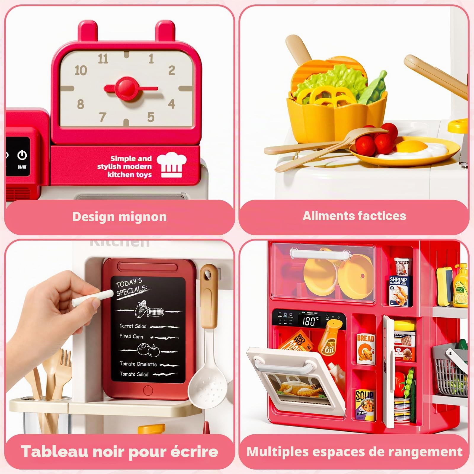 deAO Cuisine pour Enfants 69 Pièces avec Lumière, Son, Effet Flamme(Rouge)