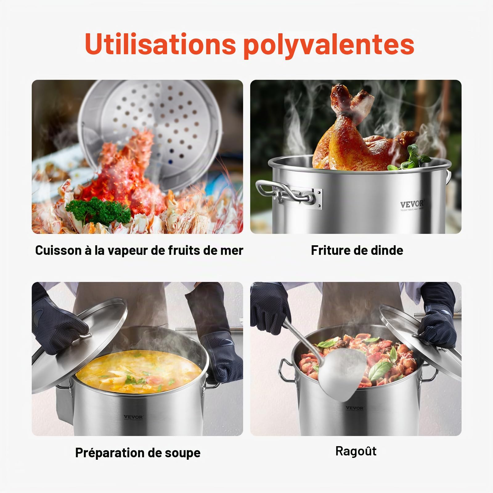 VEVOR Marmite en Acier Inoxydable 60,5 L avec Panier, Couvercle et Poignée, Faitout de Qualité Commerciale, Pot de Cuisson avec Traitement de Ponçage, Marmite Traiteur pour Grands Événements, Argent