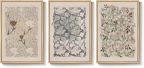 Miniatura 9 de Lienzo enmarcado de William Morris para sala de estar, juego de 3 impresiones botánicas florales neutrales grandes, cuadros bohemios rústicos
