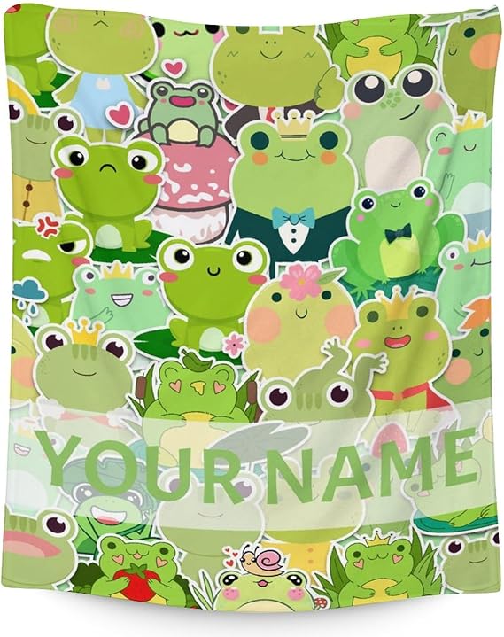 Personalized Frog Blanket Gifts with Name - 30x40 Inches Cute Throw for Girls & Boys - Colorful Soft Fuzzy Blankets for Couch & Office
