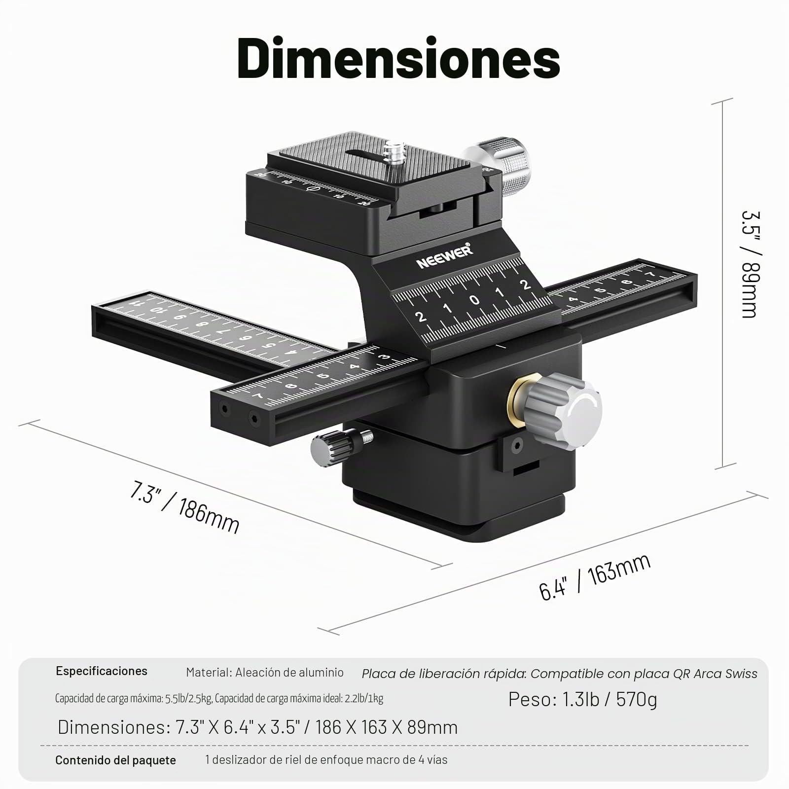 NEEWER Riel de Enfoque Macro de 4 vías con Placa de Liberación Rápida para Tipo Arca, Rosca de 1/4" para Fotografía Macro y Primeros Planos, Compatible con Canon Nikon Fujifilm Sony DSLR Cámara