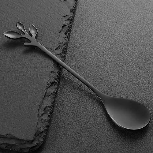 Miniatura 7 de AnSaw 4 cucharas de café pequeñas y 4 tenedores de postre, acero inoxidable de 4.7 pulgadas con mango de hoja (negro y dorado)