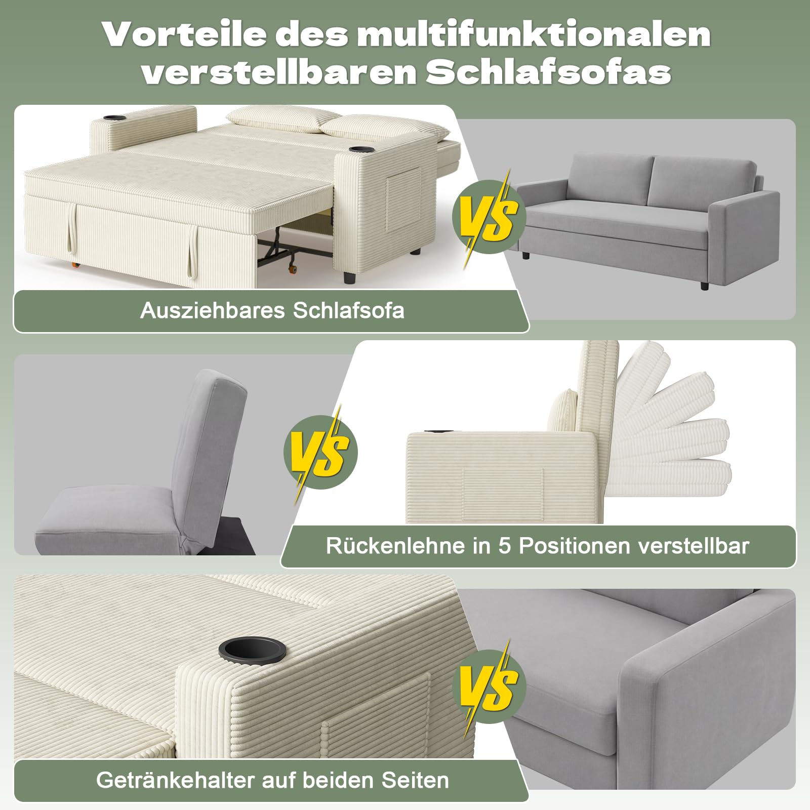 JUMMICO Schlafsofa 2 Sitzer klein Sofa mit Schlaffunktion Schlafcouch Ausziehbar mit Kissen Couch Cord-Bezug mit Getränkehalter Klappsofa Für Wohnzimmer Schlafzimmer,69 x 141 x 88 cm,Beige