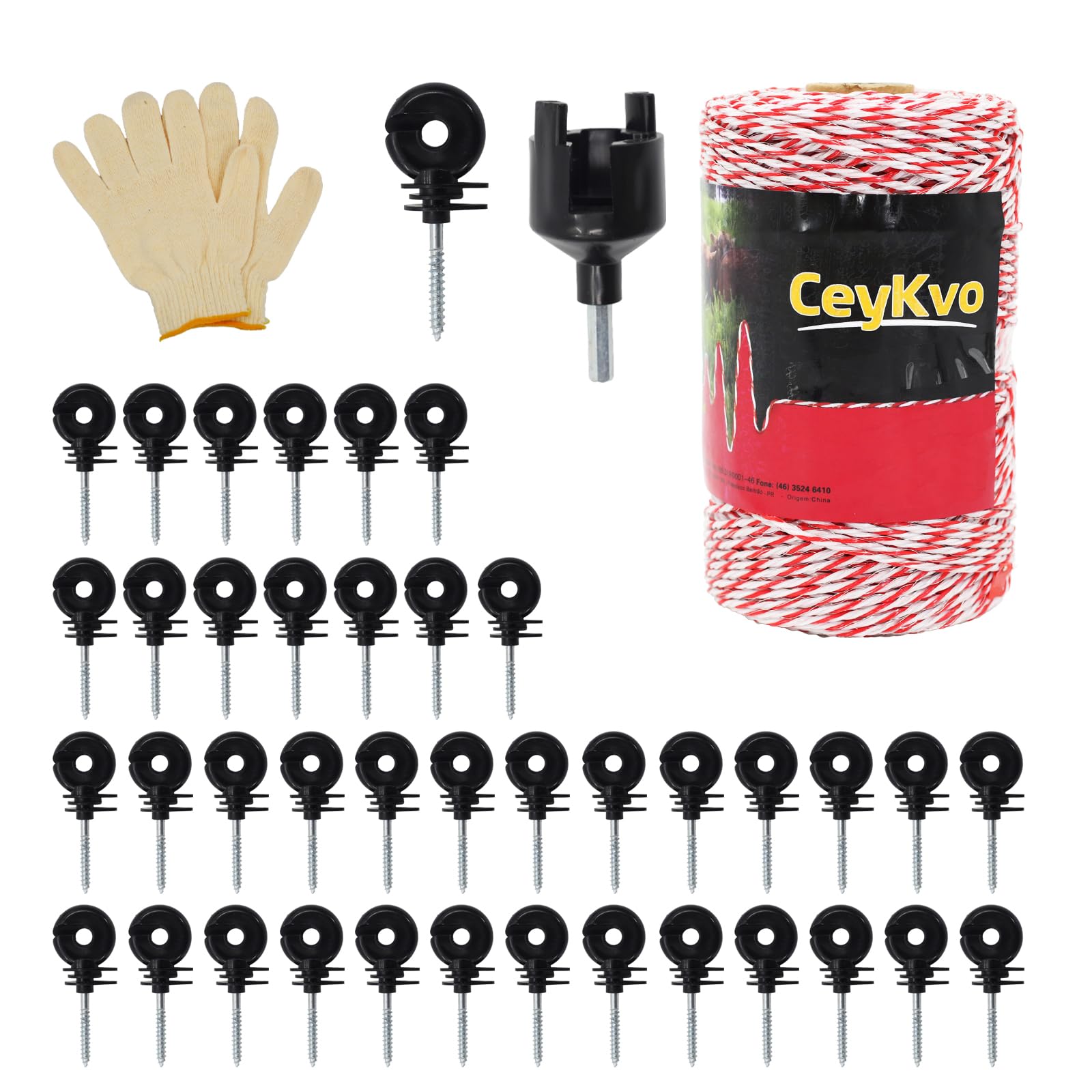 Kit conduttivo di rete per recinzione, versione migliorata, filo di acciaio a 6 fili, filo di recinzione elettrica, con 50 isolatori e strumento di installazione con 1 chiave isolante, adatto