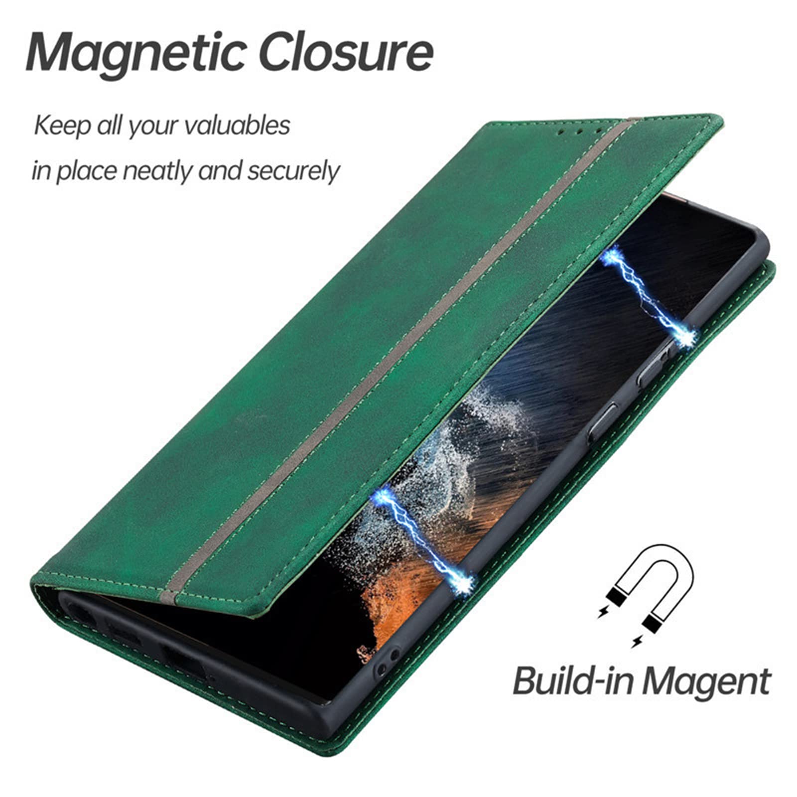 Etui do Samsung Galaxy S22/S22 Plus/S22 Ultra, skórzany portfel etui z przegródką na karty gotówkę magnetyczne zamknięcie etui z klapką na telefon, zielony, S22 Plus 6,5 cala