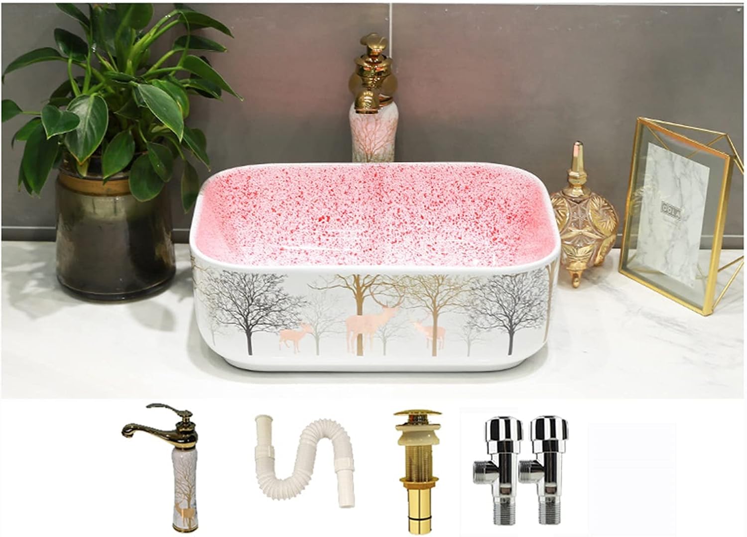 ZR98US Handmade Ceramic Rectangular Toilet Basin with Faucet and Drain (Rectangle 50 * 40 * 13CM)