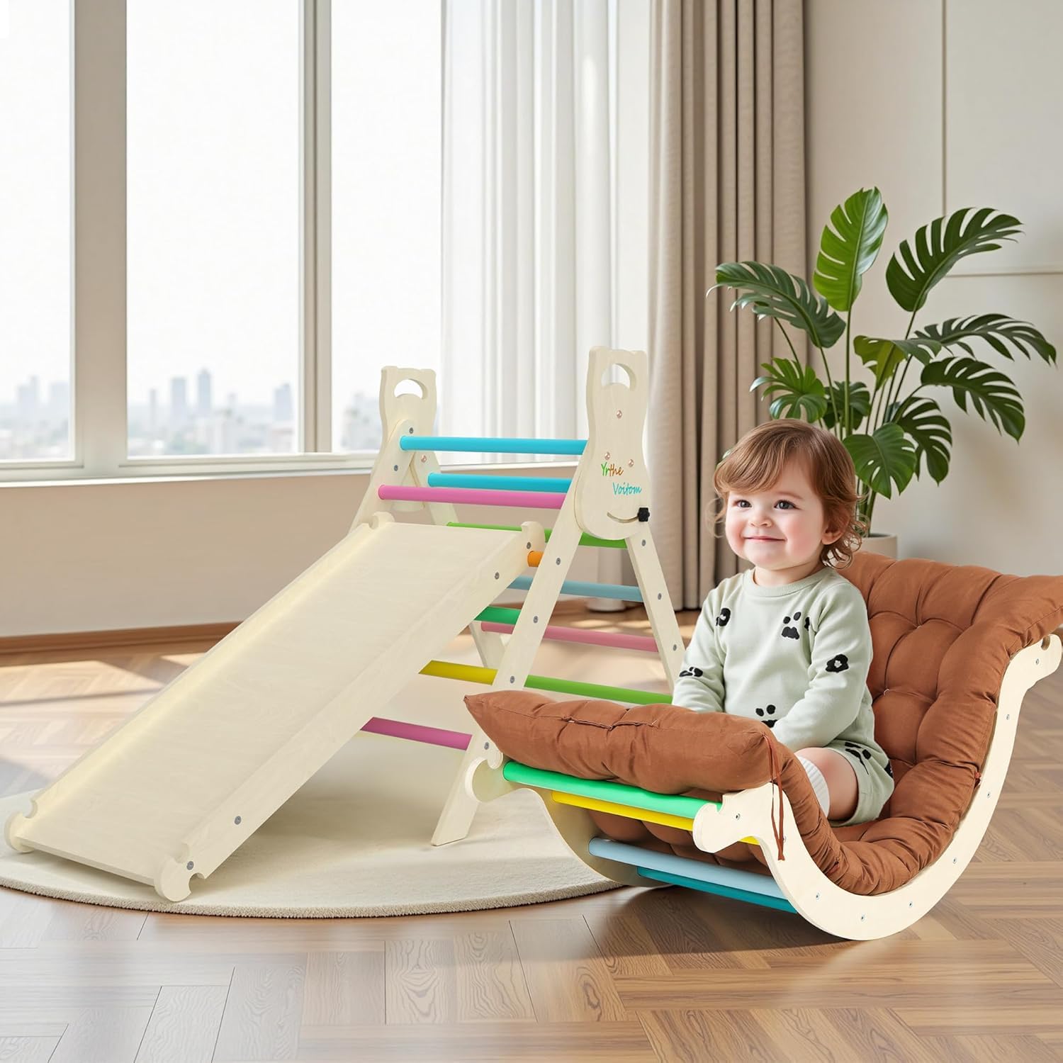 Klettergerüst Indoor Montessori Spielzeug ab 1.5 2 3 4 + Jahr, Upgrade 7-in-1 Kletterdreieck mit Rutsche, Kletterbogen, Kissen, Kletterwand, Geschenk Kinder Junge Mädchen, Regenbogen