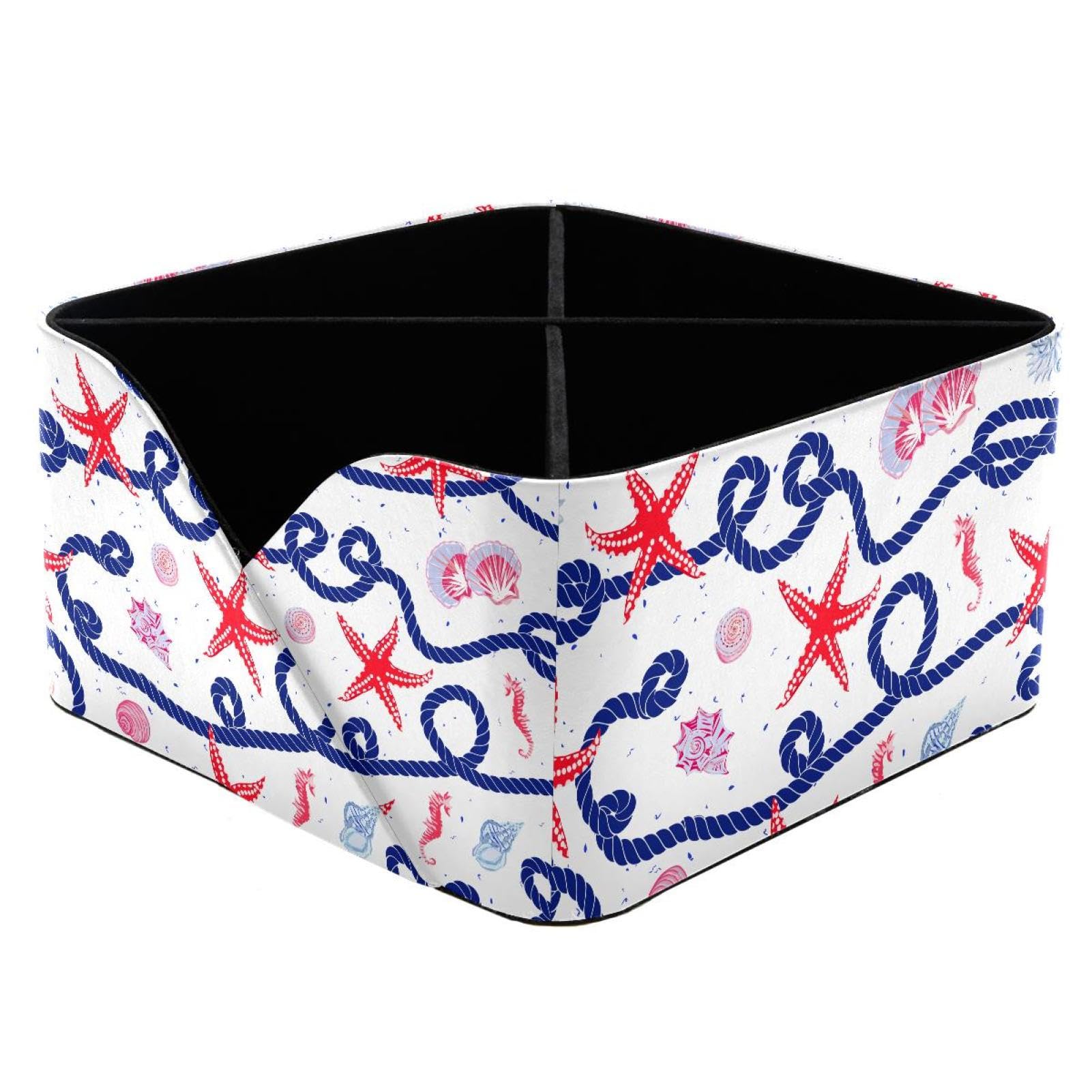KengjuTesu Nautical Navy Marine Rope Red Starfish Shells Seahorse Pattern Desktop Organizer Pen Holder, Rectangular Pencil Cup for Office, Study and Makeup Stations
