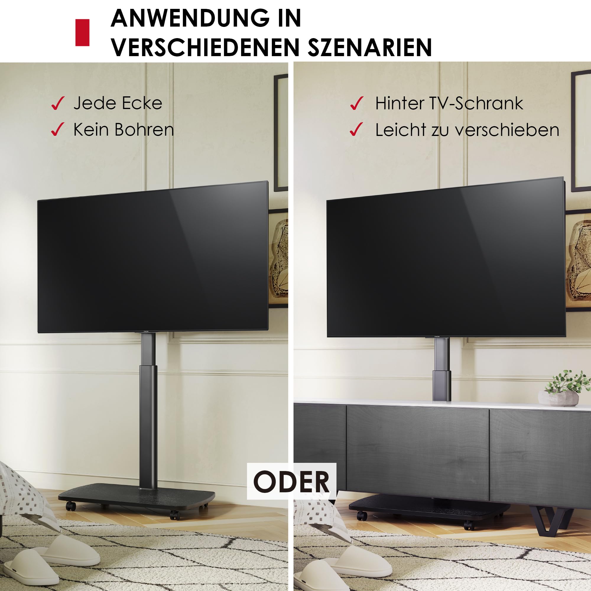AOKCOS TV Bodenständer Rollbar mit Holzregal, TV Ständer mit Rollen für 43-75 Zoll Flach & Curved Fernseher bis 50kg, Höhenverstellbar Schwenkbar Fernsehstand, Max.VESA 600x400mm