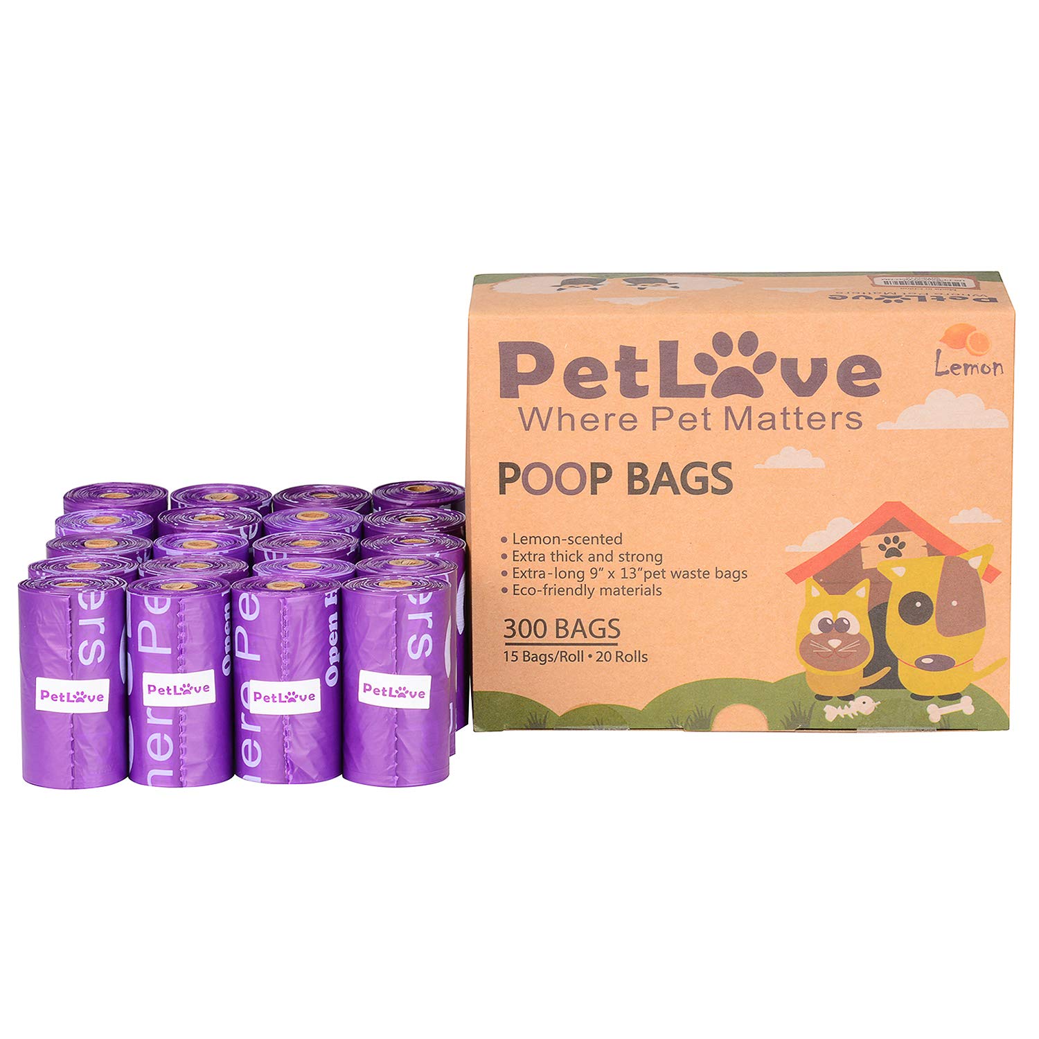 PetLove 300-Count Durable EPI Biodegradable Environment-Friendly Dog Poop Bags, Scented Poop Bags for Dogs, Dog Waste Bag, (15 Bags/Roll, 20 Rolls) - (No Dispenser Included) - Purple-Lemon