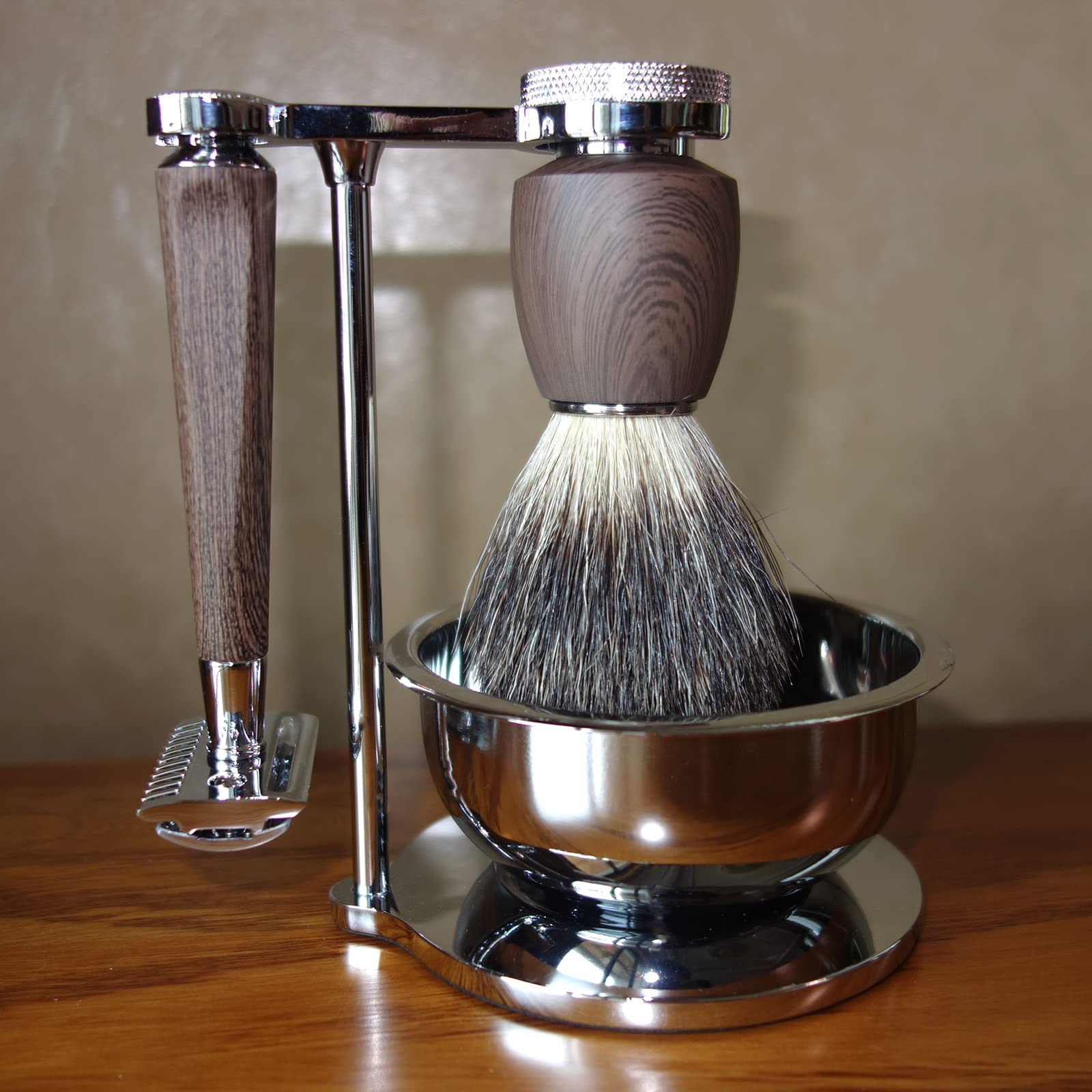 Set da barba professionale per uomo, include rasoio di sicurezza per barba bagnata, 10 lame, manico in palissandro con setole di tasso, spazzola da barba e supporto per ciotola, regalo unico