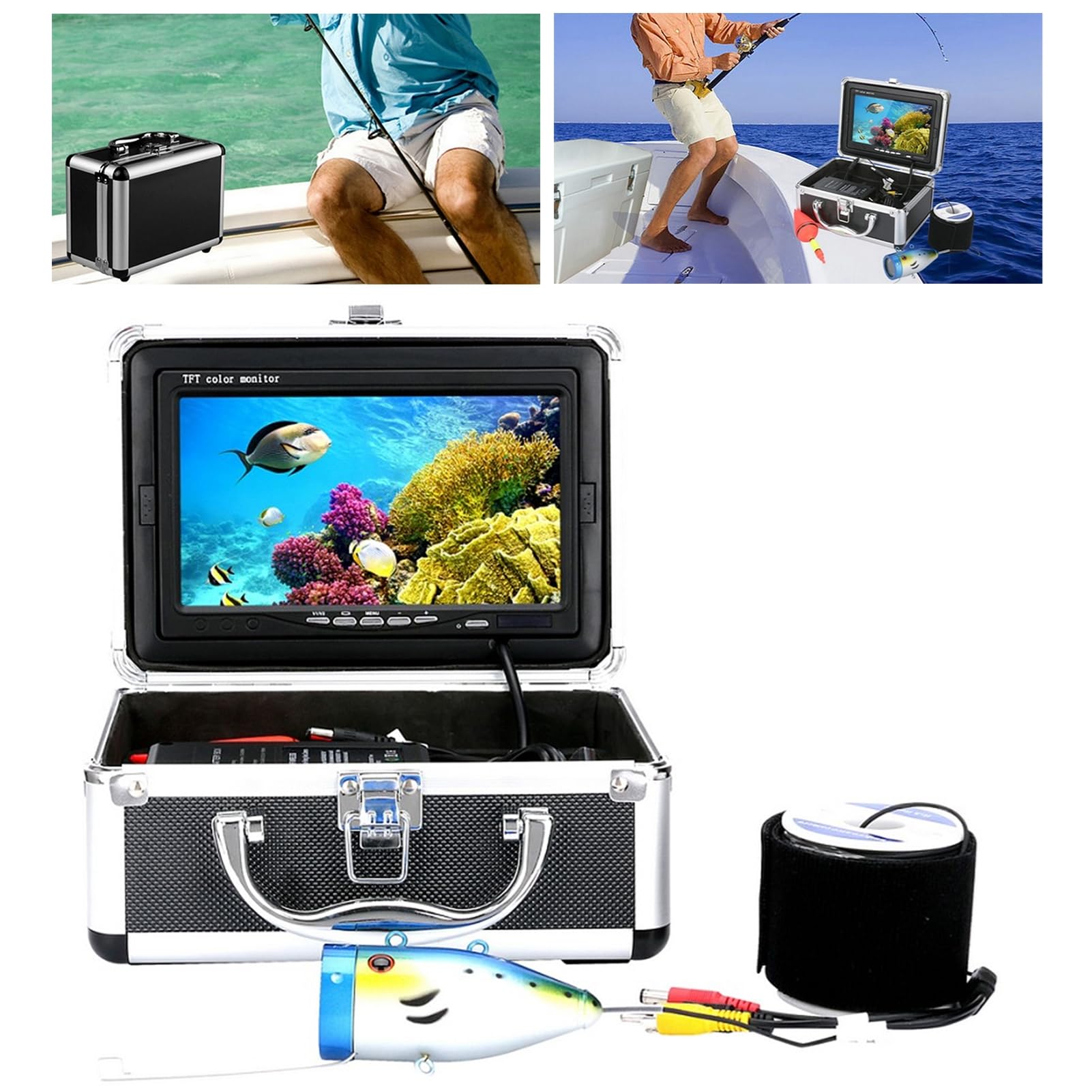 Videocamera per pesca subacquea 7 pollici con ecoscandaglio 1000TVL HD con 12 LED, cavo 30 m/98,4 piedi, per acquacoltura, oceano/lago/pesca(ME)
