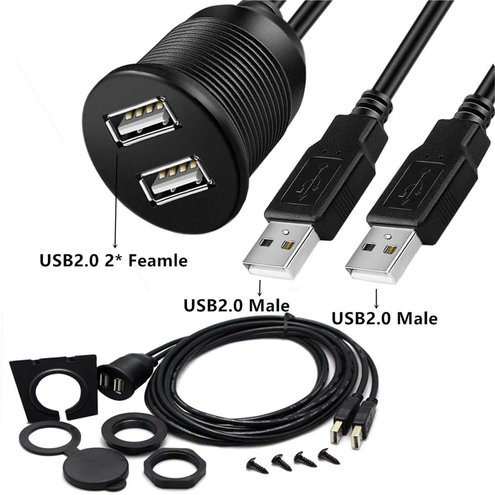 1M 2M Car Boat Dash Flush Mount USB 3.0 A męski na żeński + HDMI - kompatybilny z przewodem przedłużającym kabel do montażu ołowiu (2 m, HDMI)