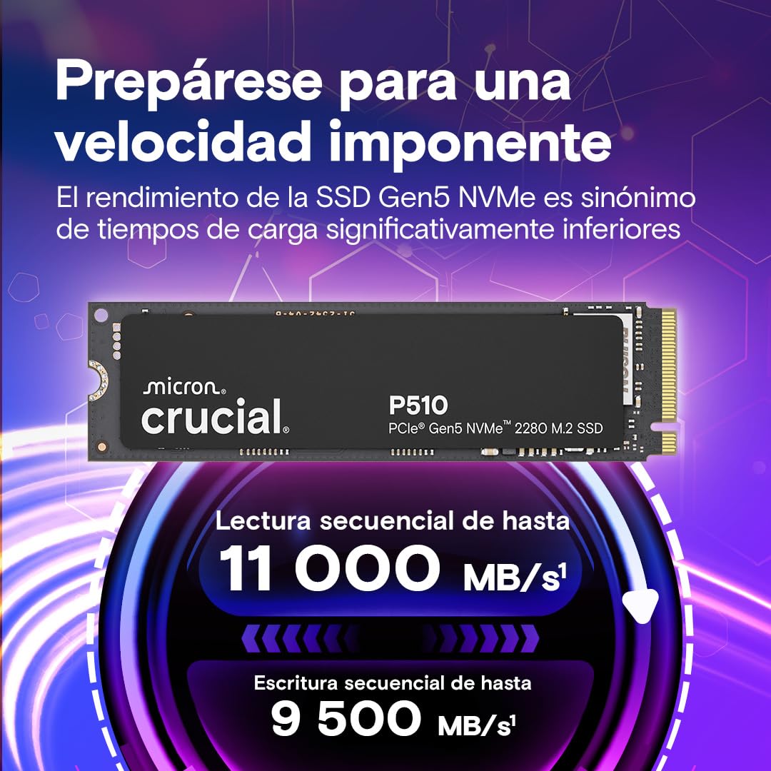 Crucial P510 SSD 1TB PCIe 5.0 x5 Gen5 NVMe M.2, Velocidades de lectura hasta 11.000 MB/s, escritura 9.500 MB/s, Ordenador Portátil y de Sobremesa, TLC NAND, Disco Duro Interno- CT1000P510SSD8-01