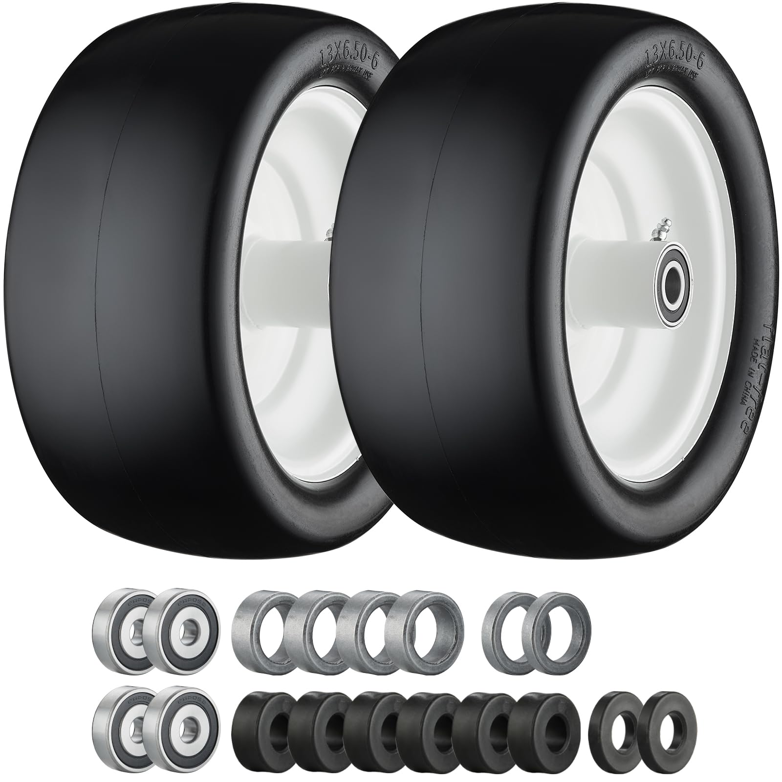 13x6.50-6 lawn mower tires, 13x6.50-6 tires flat free zero turn front tires with 3/4", 5/8" and 1/2" bearings, 5.6"- 8.7" centered hub, compatible with lawn mower garden tractor by cubesprings - 2pack