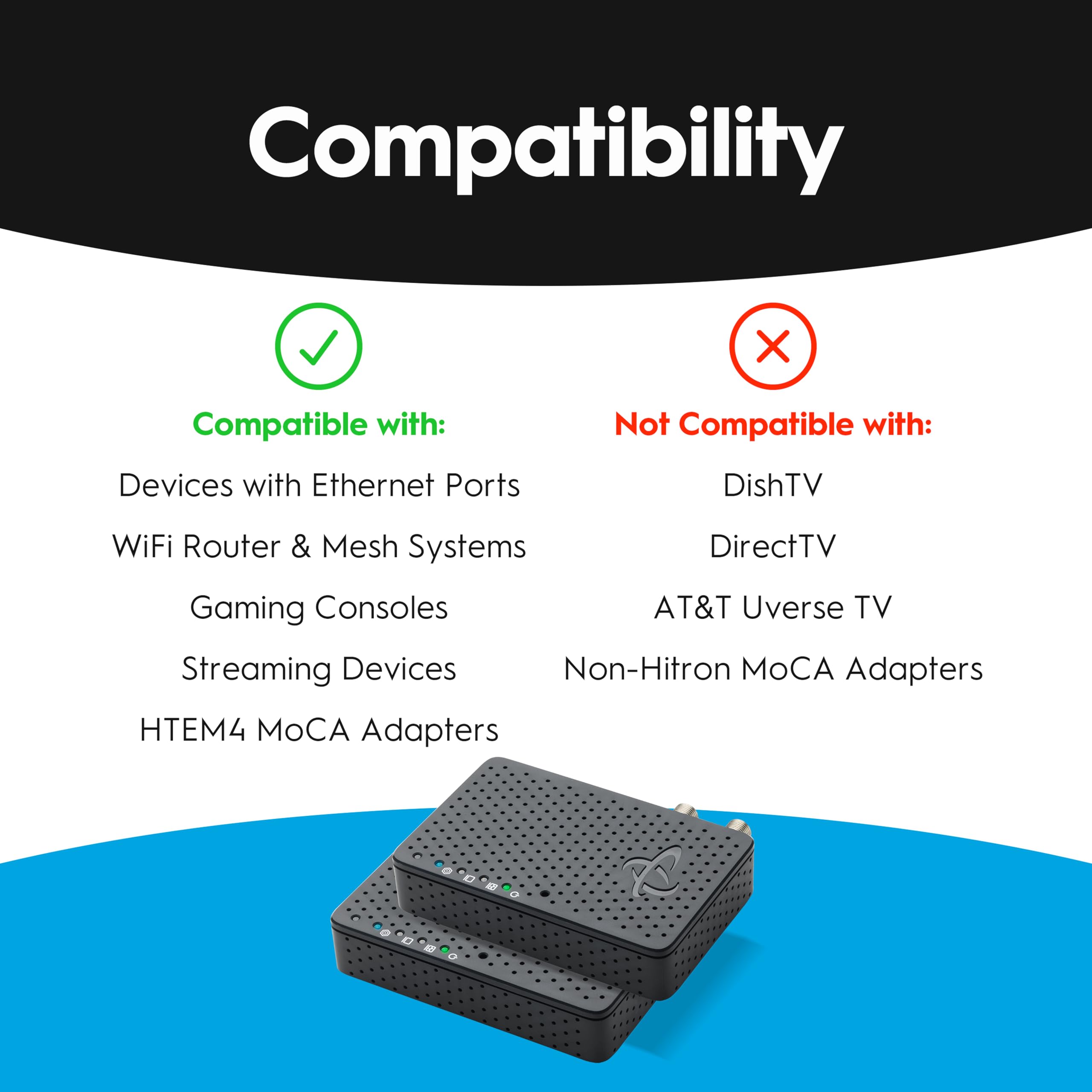 Hitron Adaptador de red MoCA 2.5 Bonded (paquete de 2) | Velocidades de red de hasta 1 Gbps | Estructura principal ideal para WiFi de malla doméstica, transmisión y juegos | 2 adaptadores HTEM4 en kit