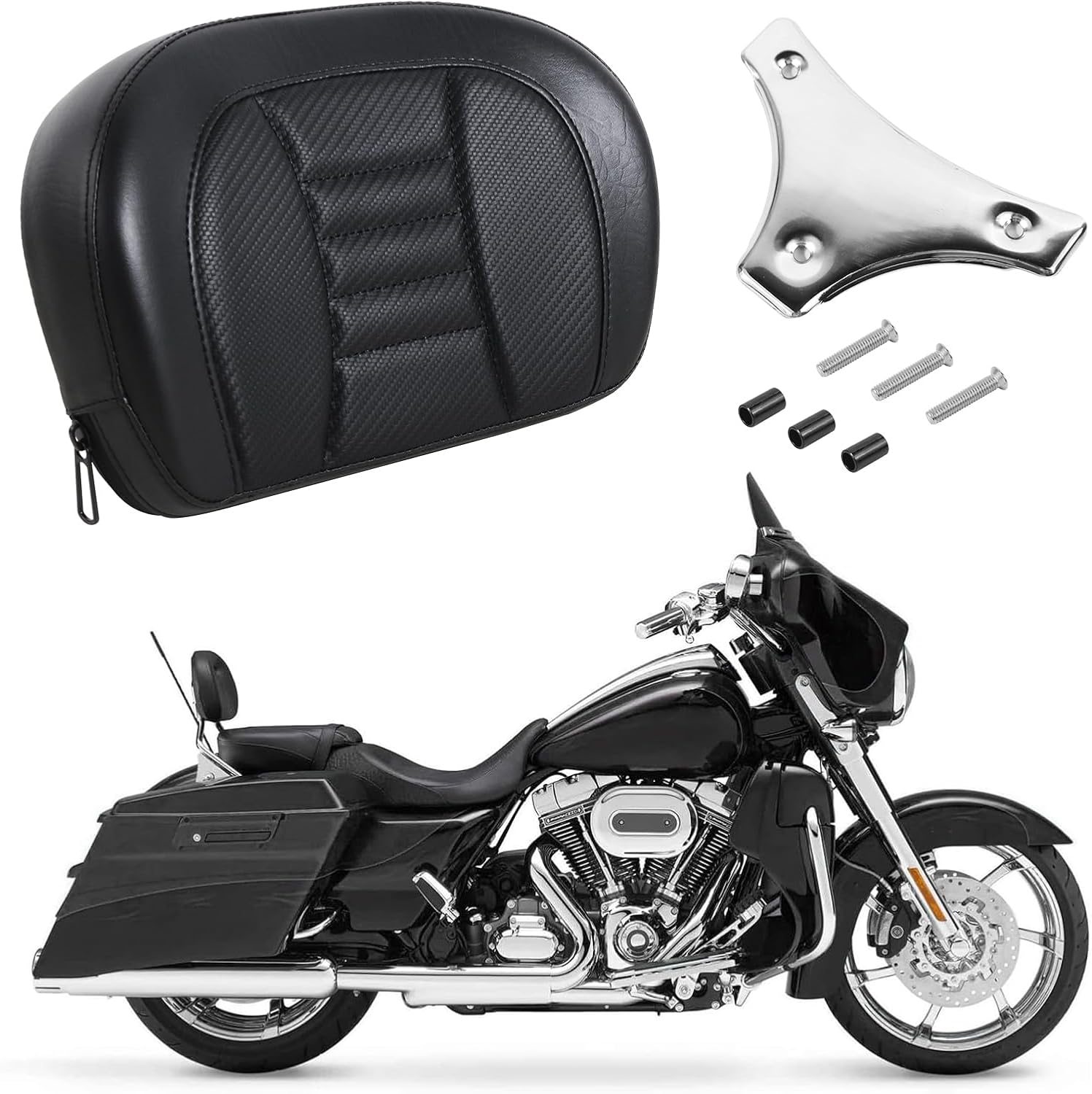 Motorcycle Detachable Sissy Bar Backrest Pad for Harley Glide Road King Traveler Rear Backrest Cushion 1996-2023 Black Thin Line Pad with Chrome Sissy Bar Backrest Pad Mount Kit