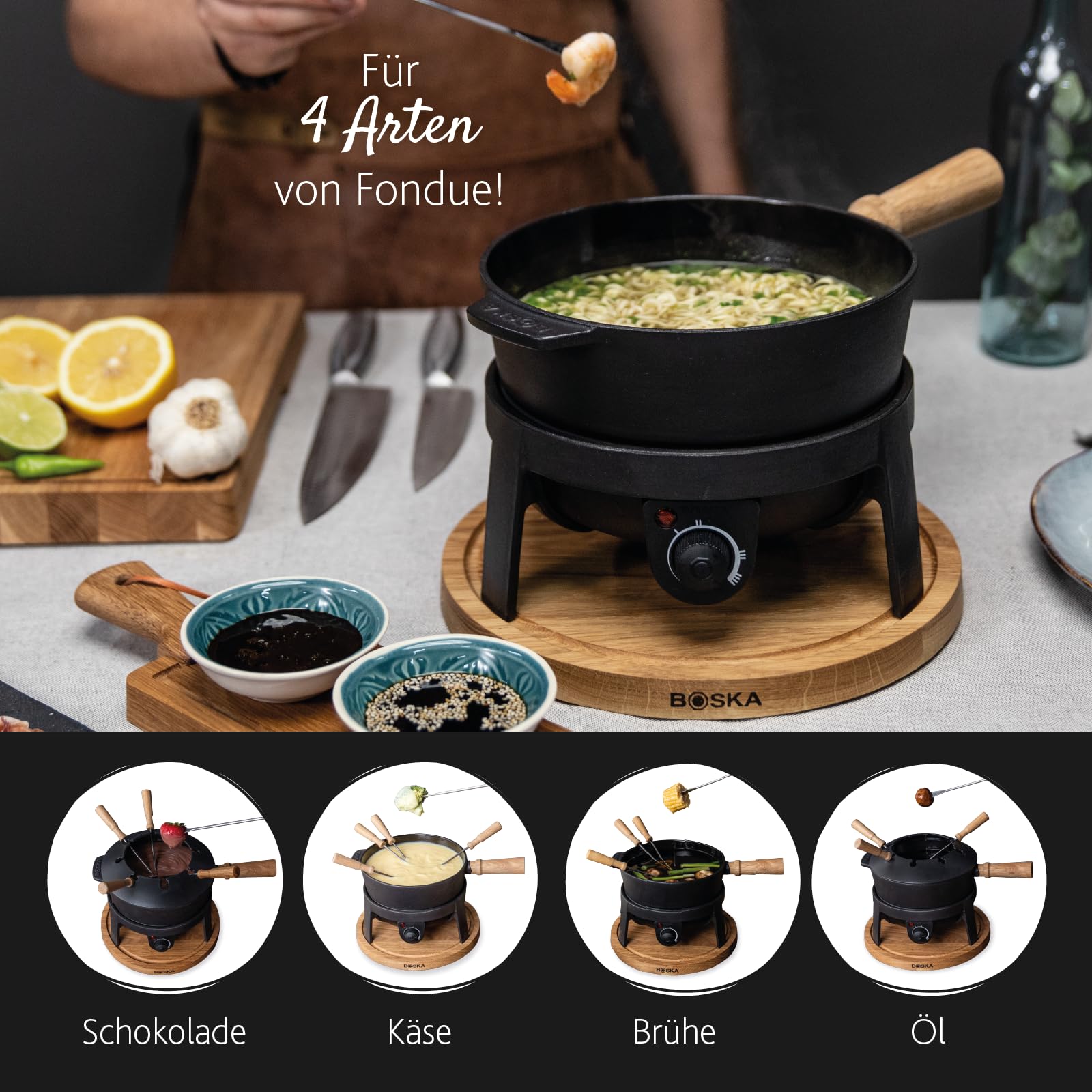 Boska Fondueset Elektrisch Pro 2,2L - Premium Fondue - Käsefondue - Schokofondue - Hotpot - Für 8 personen - Topf set -Extralanges Kabel - Gusseisen - Elektrisch - Fondue gerät
