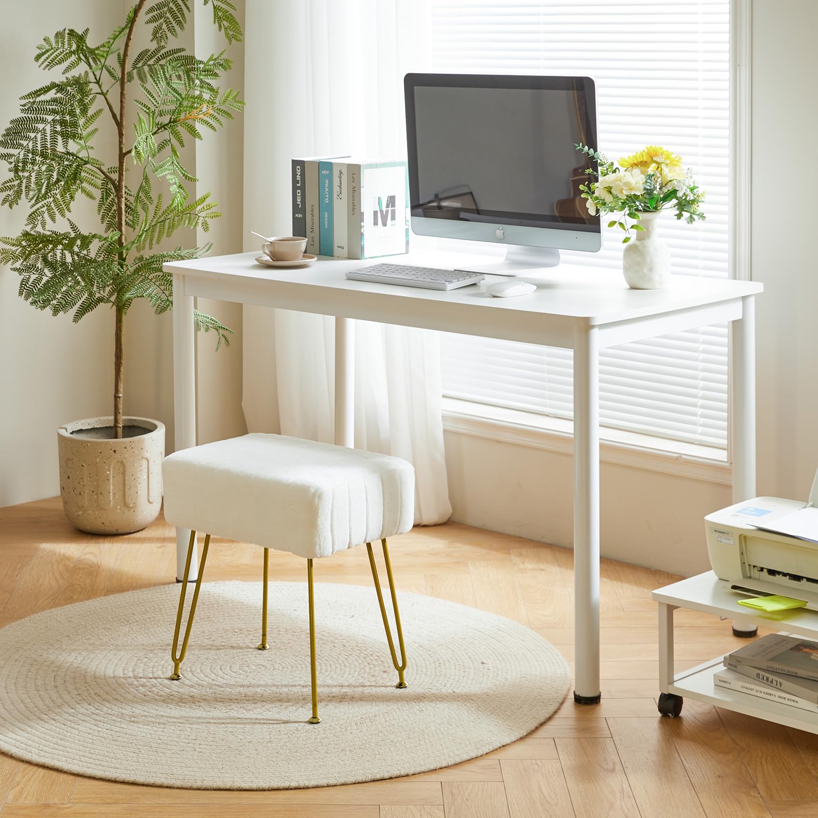 IBUYKE Velvet Rechteckiger Fußstützenstuhl Ottoman, Make-up Eitelkeits Hocker Beistelltisch, Samt Schminktisch Sitz, Pouf Couch Hocker, Goldene Stahlbeine, weiß L/G-51W