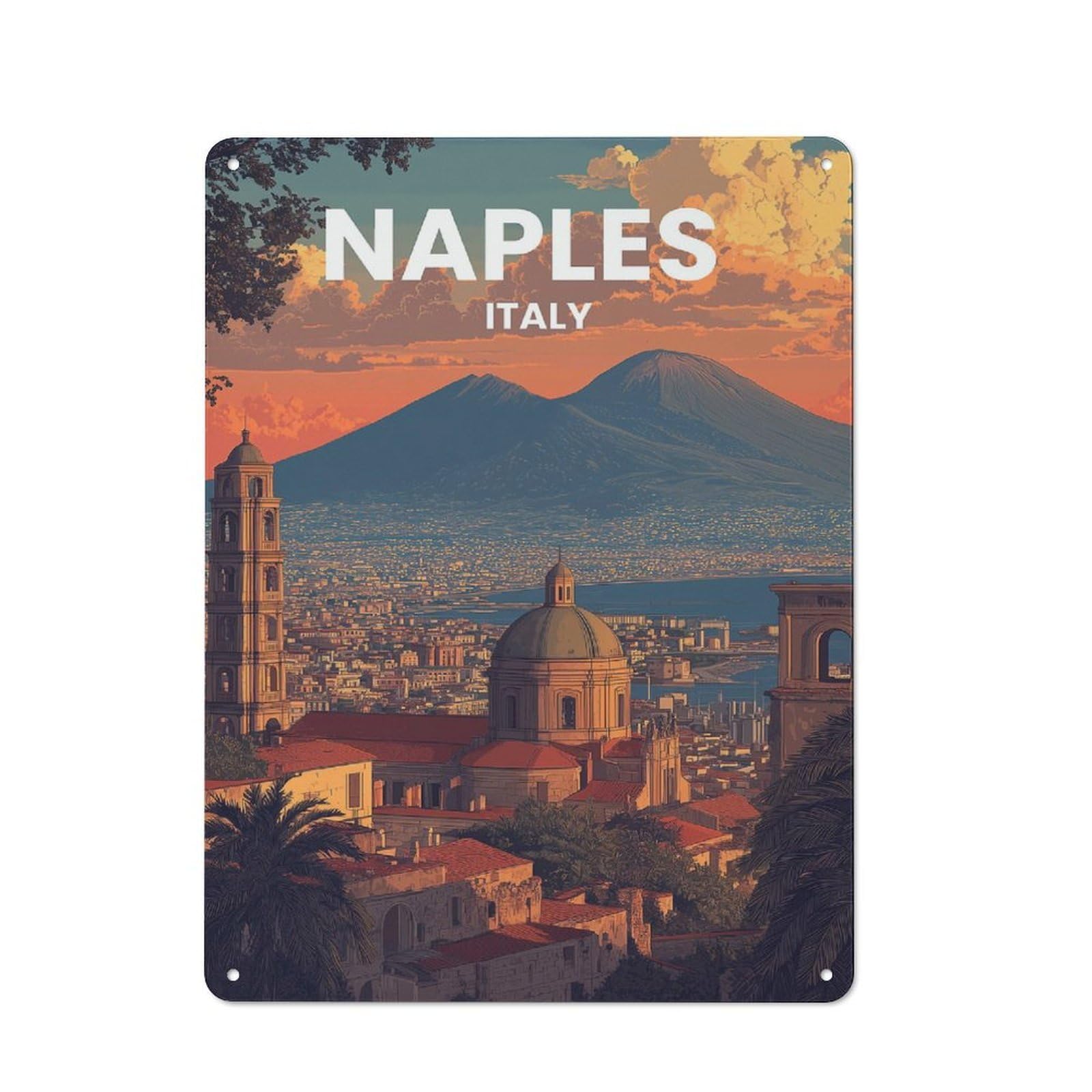 Naples, Italy Cityscape with Mount Vesuvius Warehouse Style Metal Wall Decor 40x30cm, Industrial Metal Sign for Workspace, Cafe, Hallway Or Garage