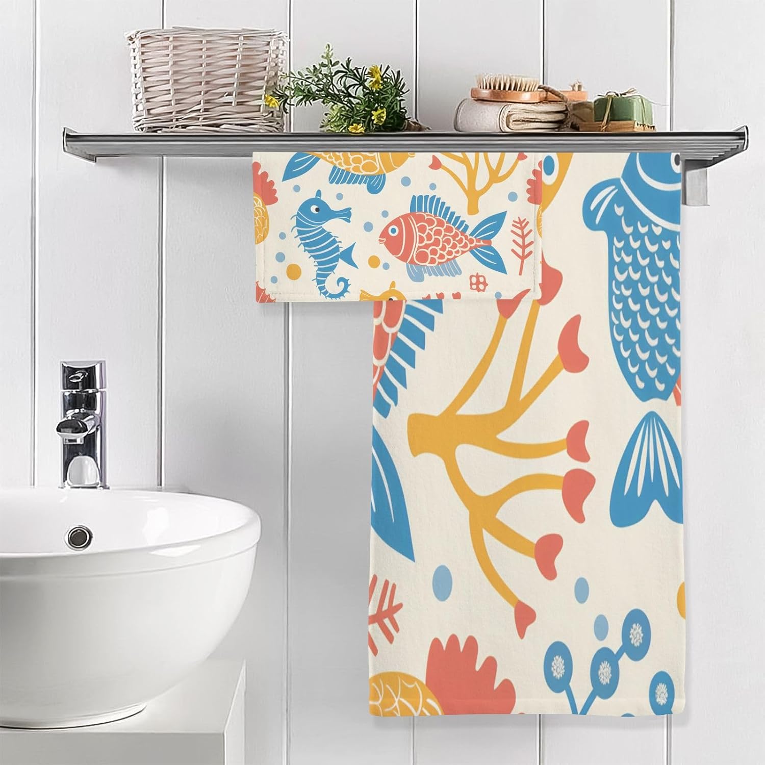 Hand Towels Premium Soft and Highly Absorbent Seahorse Fish 2 Pcs Towels for Bathroom Set 100% Cotton Decorative Face Towels