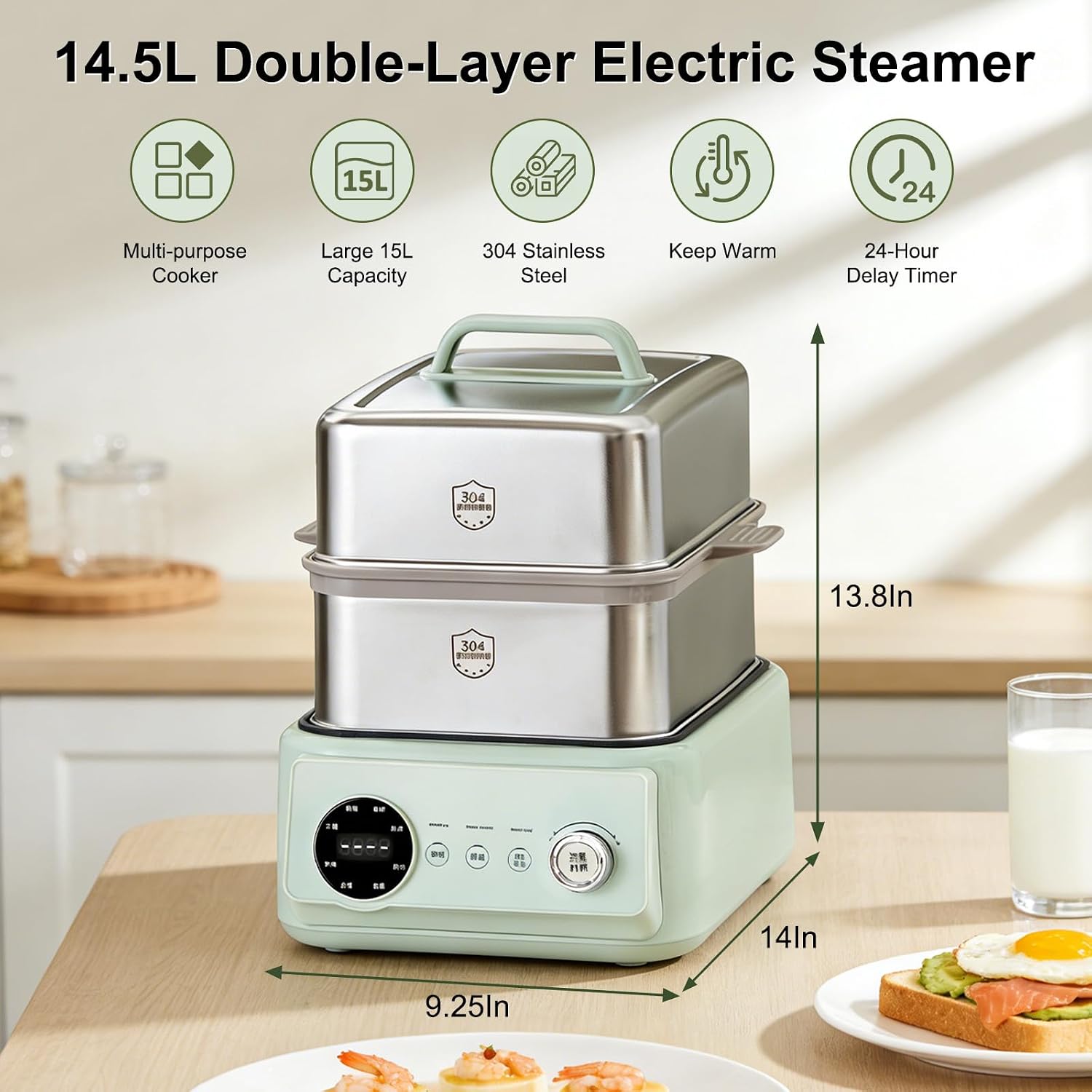 13.6Qt 2-Tier Electric Food Steamer for 5-9 Servings, One Touch Vegetable Steamer for Cooking, 24h Reservation and Timer, 2 in1 Stewing Simmering Electric Steamer