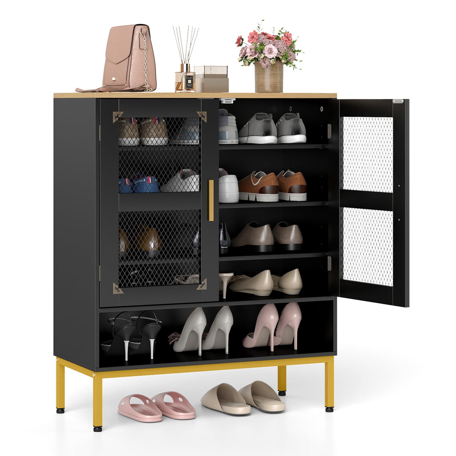 COSTWAY Wooden Shoe Cabinet, 5-Tier Freestanding Shoe Cupboard with 2 Mesh Doors and Adjustable Shelves, Gold Metal Legs Footwear Rack Shoes Storage Organiser for Hallway Entryway, 70x35x93cm (Black)
