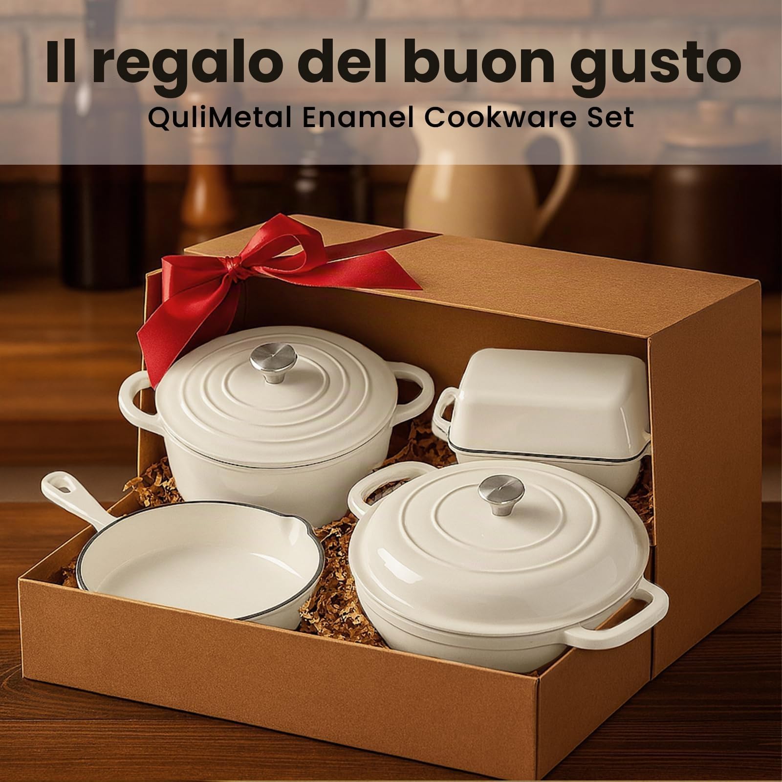 GFTIME Set di pentole in ghisa, 5 pezzi, 2,3 QT, casseruola olandese da 4,7 QT, padella da 28 cm, teglia per pane – Versatili pentole e padelle in ghisa smaltata resistenti al forno