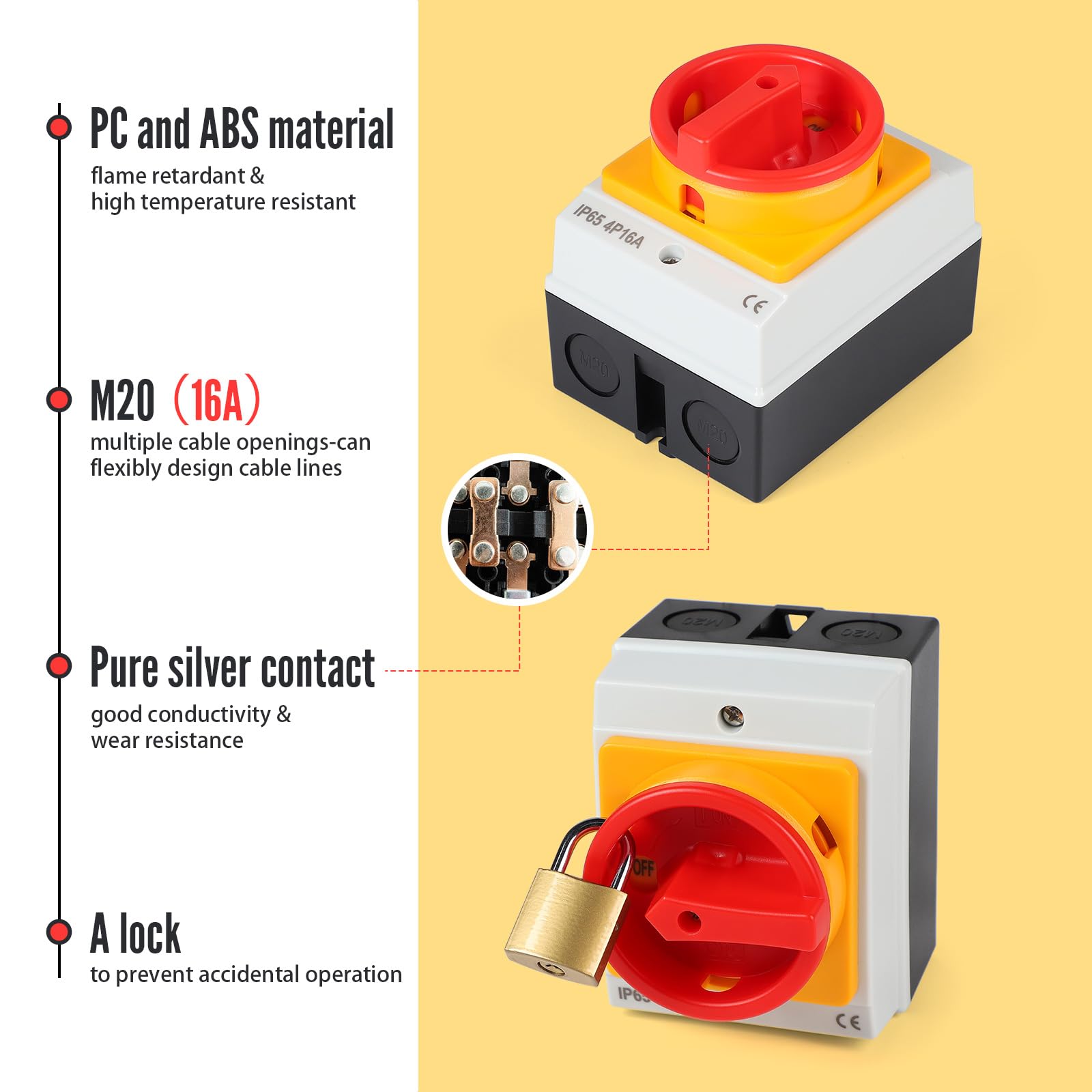SWAWIS 16A Interrupteur Principal Rotatif 4 Pôles, IP65, avec Boîtier, Contacts en Argent Pur, Main Switch pour Connecter Interrupteurs et Séparer Petits Circuits
