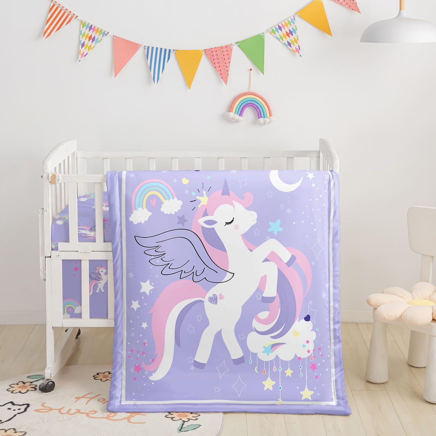Crib Bedding Set, 3-Piece Nursery Bedding with Comforter, Crib Sheet &amp; Skirt, Watercolor Rainbow Unicorn Printed - Unicorn Purple