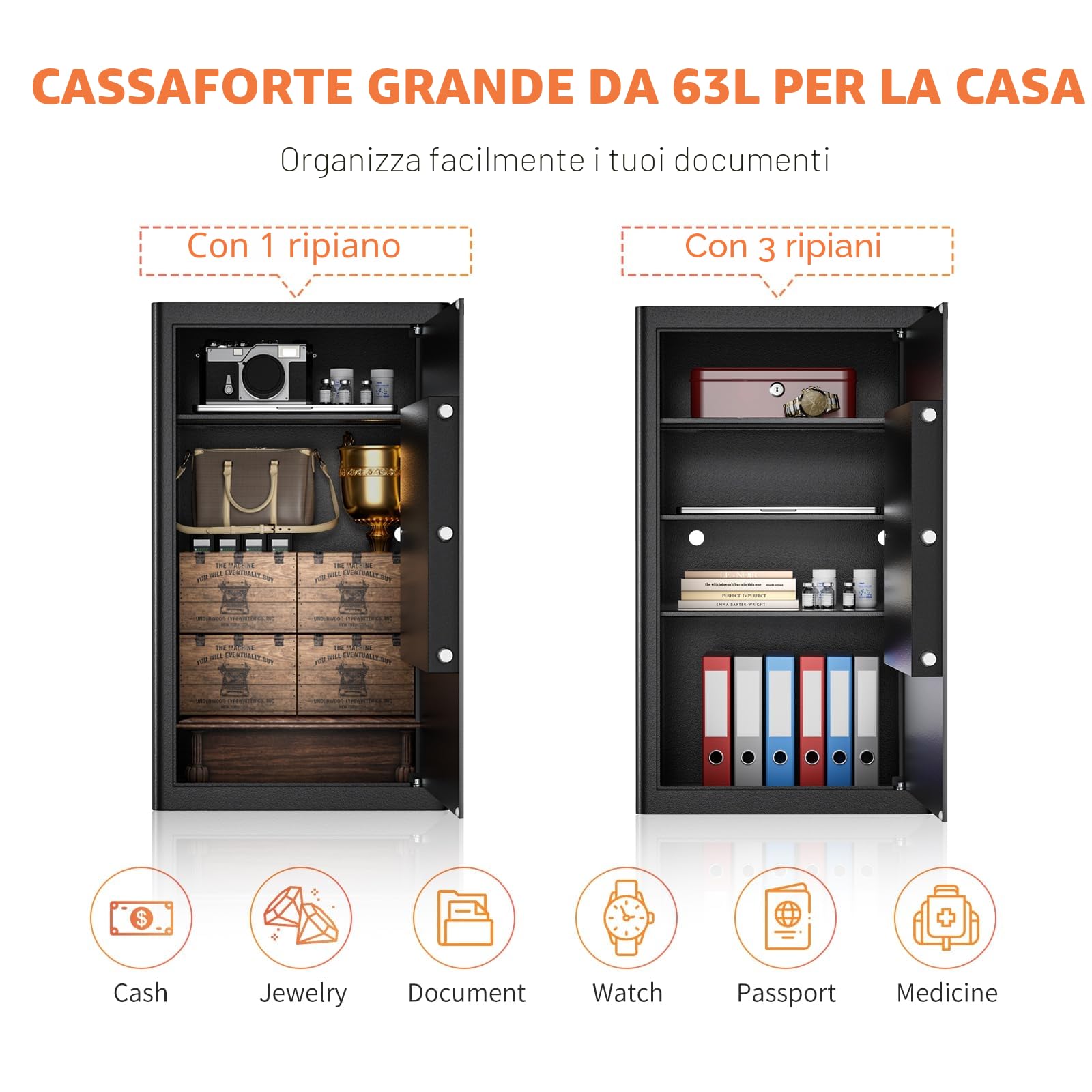 WASJOYE Cassaforte con Chiave, Cassaforte a Muro con Serratura 2 Chiaves (63×37×31cm), Cassetta di Sicurezza da Pavimento, Casa/Ufficio Casseforti da Armadio per Soldi Telefono Medicina Passaporto