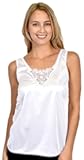 Women's Soft Silky Satin Under Blouse Sleeveless Camisole with V-Neck Floral Lace Trim and Wide Straps