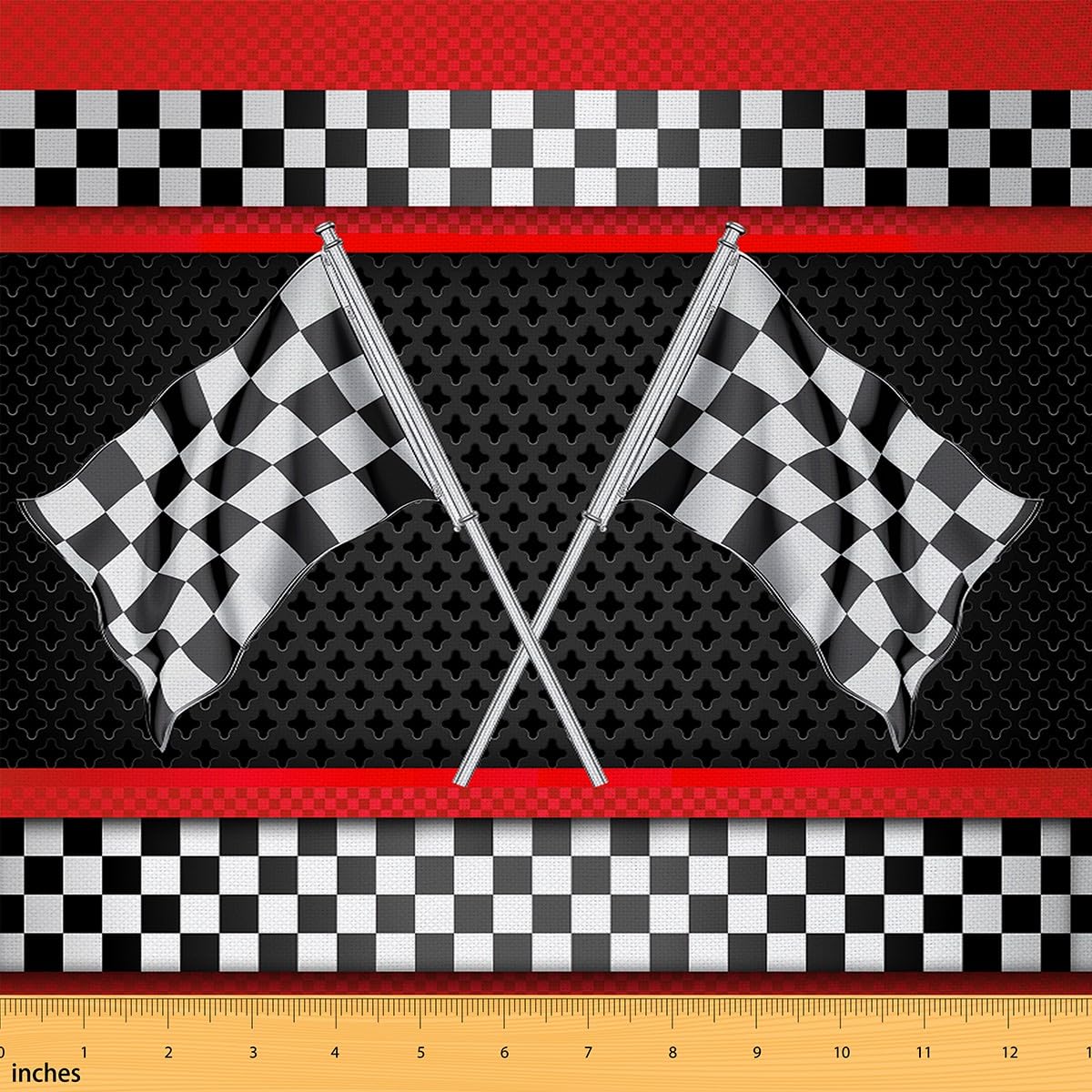 Modern Race Car Fabric by The Yard Black White Checkerboard Flag Fabric for Sewing Supplies Red Stripes Extreme Sports Competiton Style Fabric for