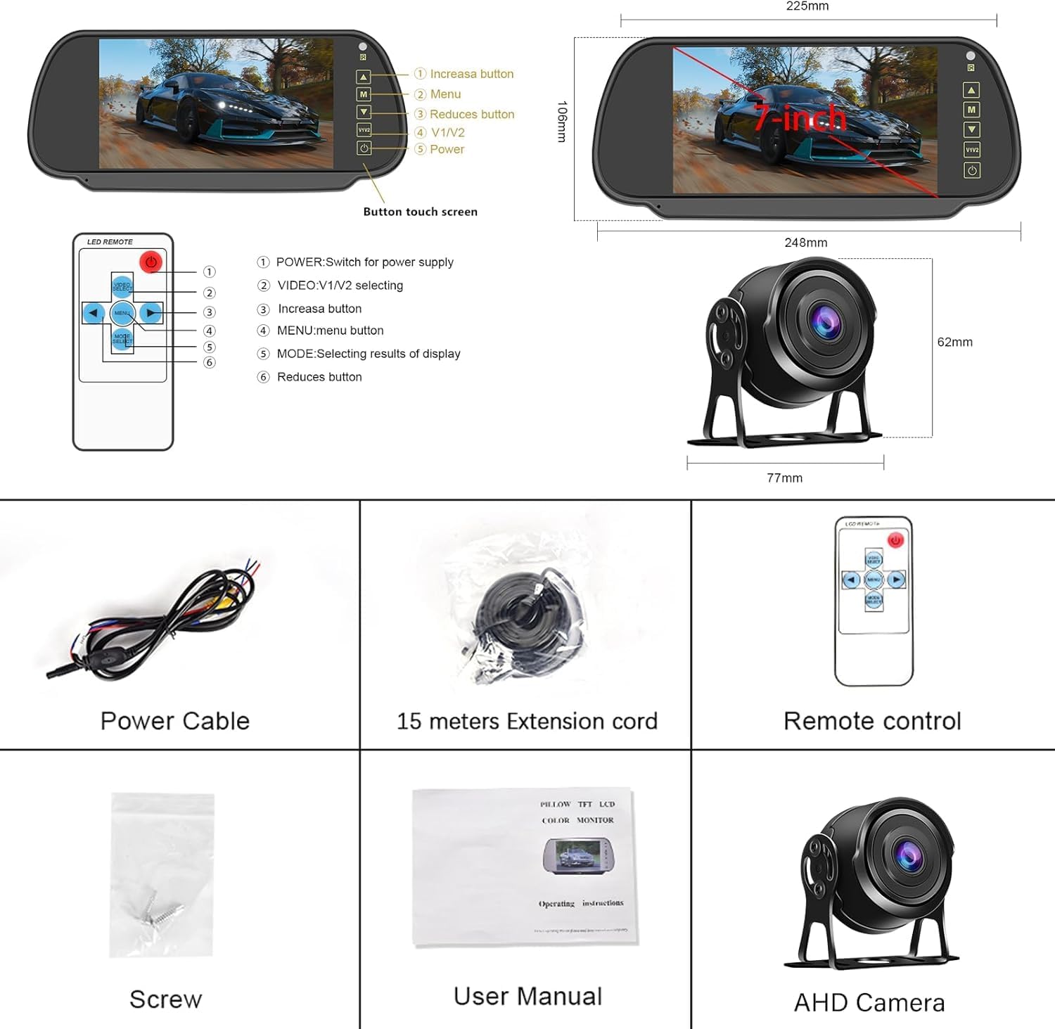 CAMECHO 7'' HD Schermo Tattile Visione Notturna a Colori 1080P Telecamera Posteriore con Monitor, Telecamera Posteriore per Auto con IP66, Grandangolo 105° per Camion/Camper/Furgone 12-24V