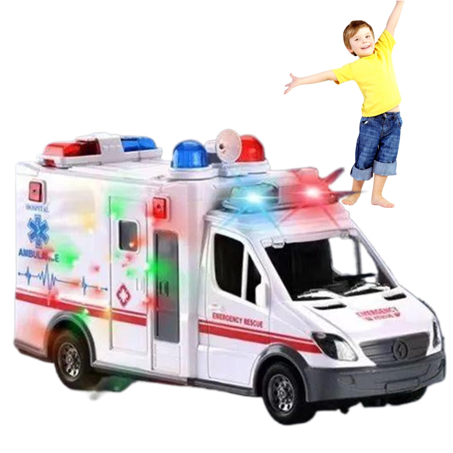 Jouet d'ambulance Jouets de véhicule d'urgence réalistes avec musique et lumières LED L'ambulance de restauration scène réelle favorise la motricité et l'imagination Jouets éducatifs pour enfant