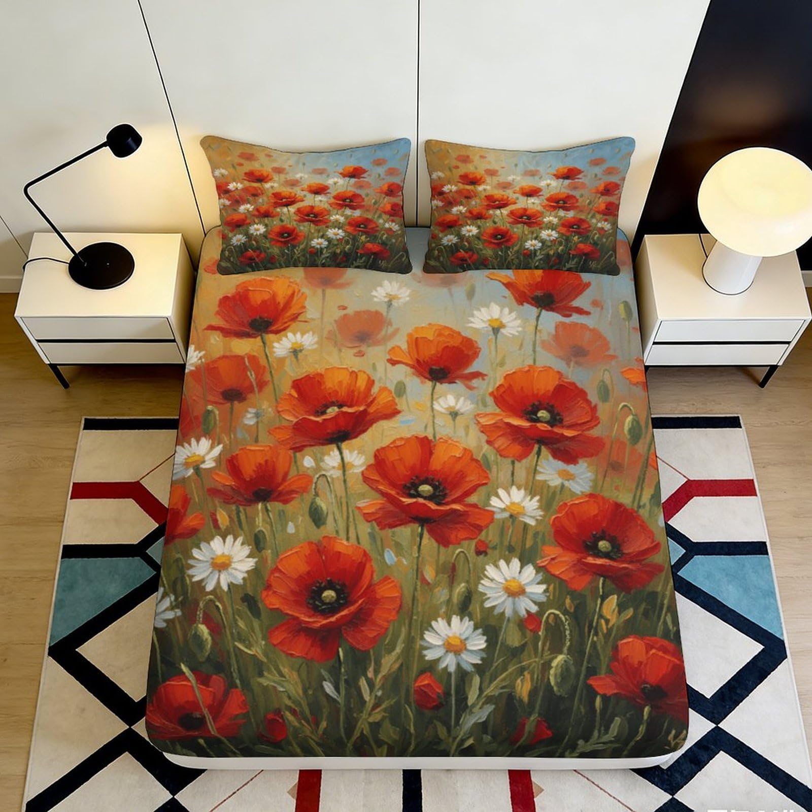 Jqzkxnhpbr Style-3 3D Printed Red Poppy Flowers Fitted Sheet Microfiber Soft Daisy Mattress Cover For Bedroom Guest Room Decor 90X200x25cm