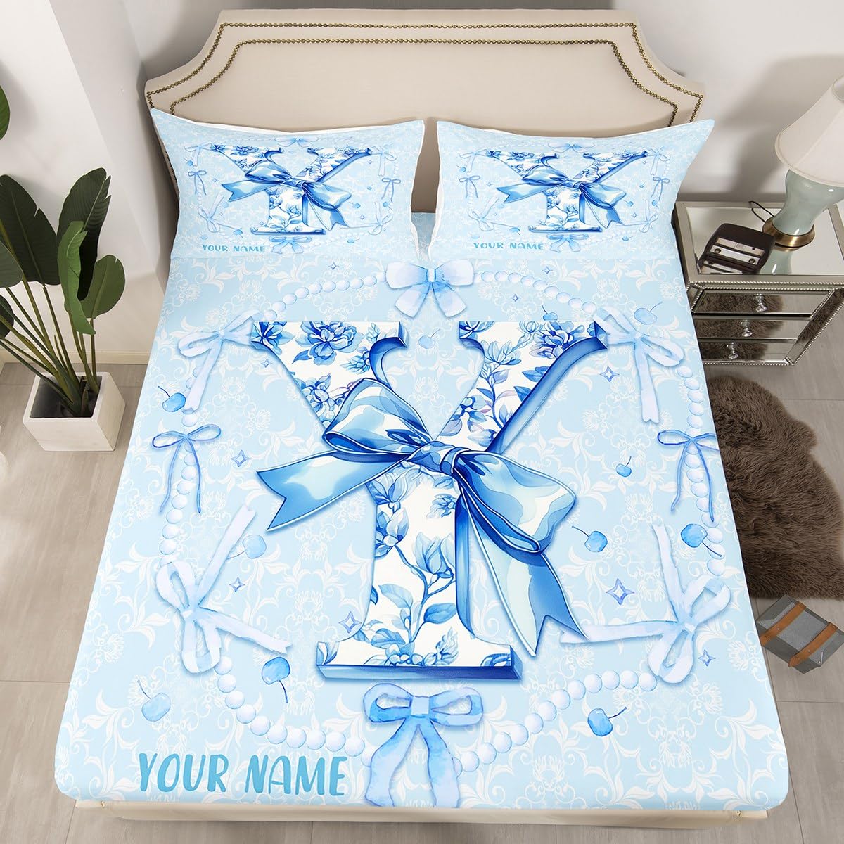 Erosebridal Custom Name Blue Coquette Bow Fitted Sheet Twin Size Coquette Bowknots Bed Sheets for Girls Kids Teens Fantasy Aesthetic Preppy Bed Set Initial Y Bow Gifts for Her/Mom/Daughter(Y)