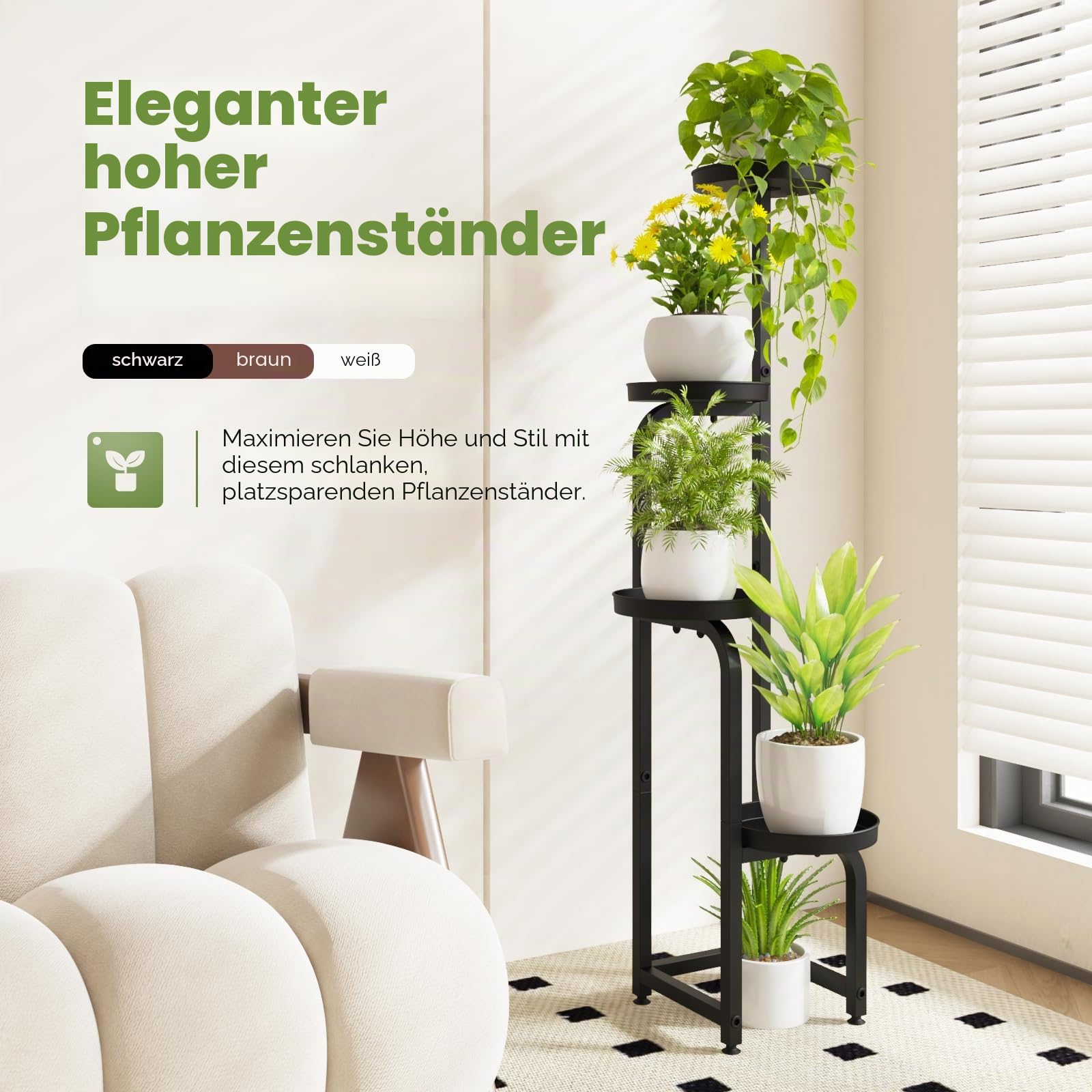 Bamworld Blumenständer Metall Schwarz Pflanzenständer Blumentreppe Indoor 4 Etagen robustes Pflanzenregal für Terrasse Garten Balkon Wohnzimmer Schlafzimmer