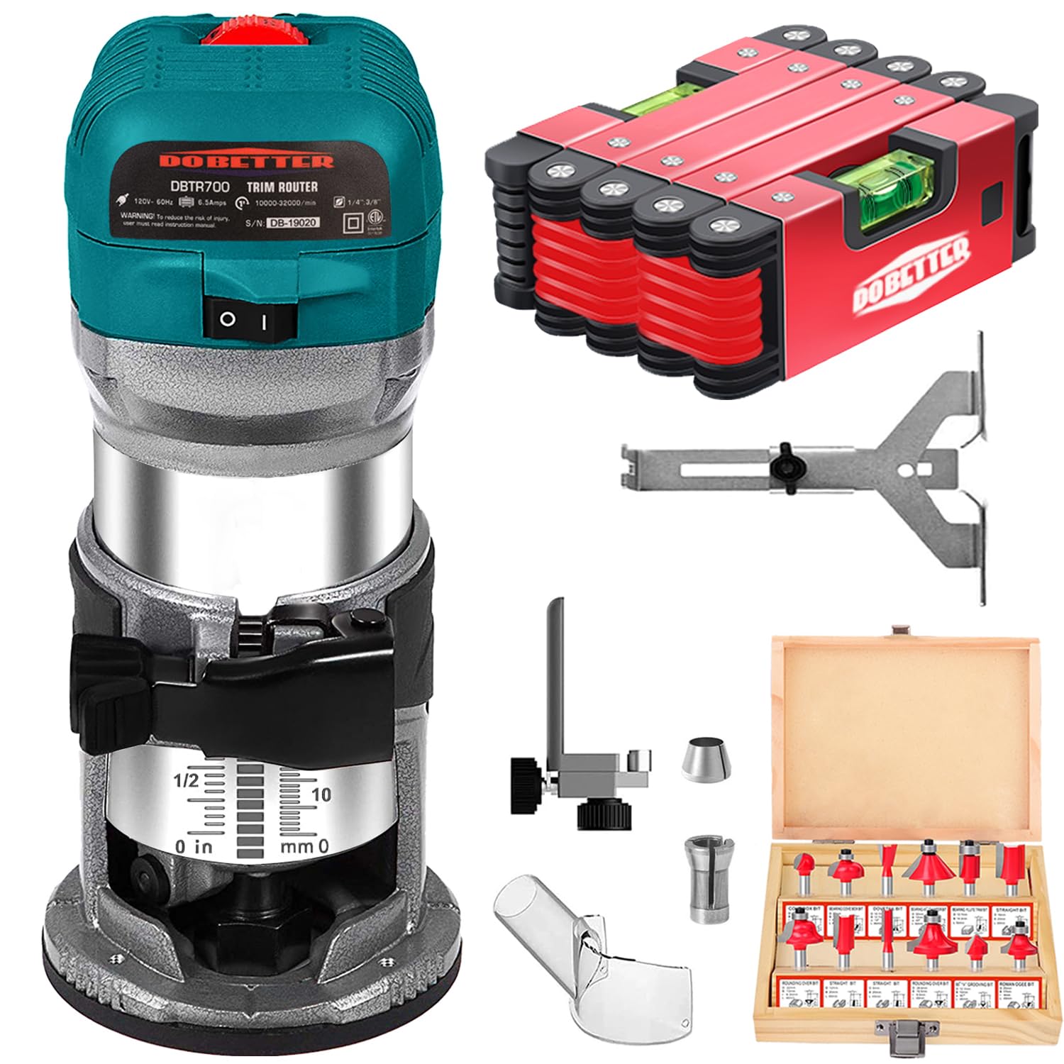 Dobetter6.5-Amp Wood Router Tool Set with 28-Inch Multi-angle Foldable Level Measuring Tool -DBTR700AFL