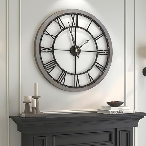 Miniatura 52 de Reloj de pared de 24 pulgadas, relojes de pared grandes para sala de estar, reloj redondo de metal decorativo, funciona con pilas, silencioso, sin