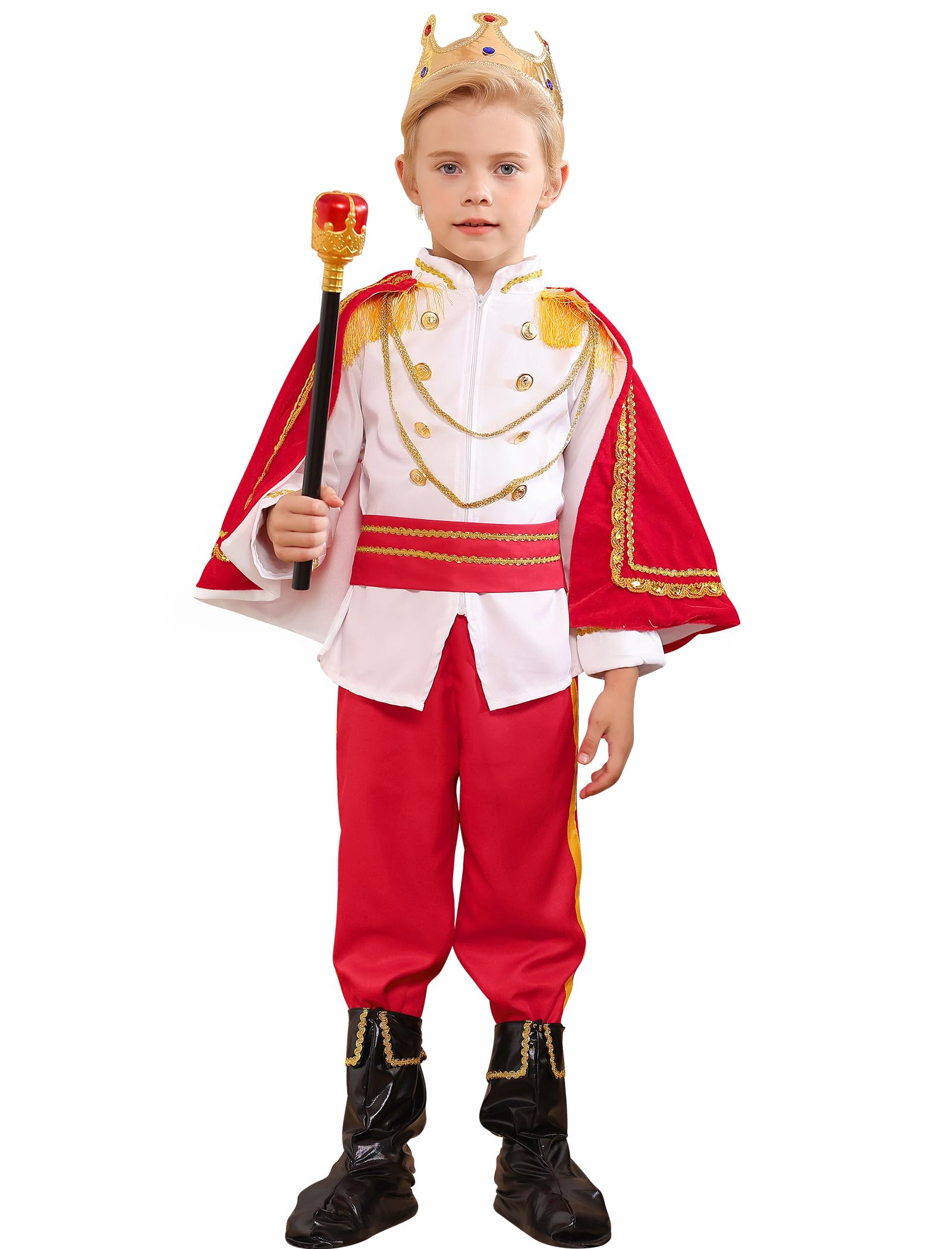FYMNSI Prince Charming Costume for Kids Boys Halloween Carnival Cosplay Party Fancy Dress Up Tunic Top Pants Crown Scepter Set
