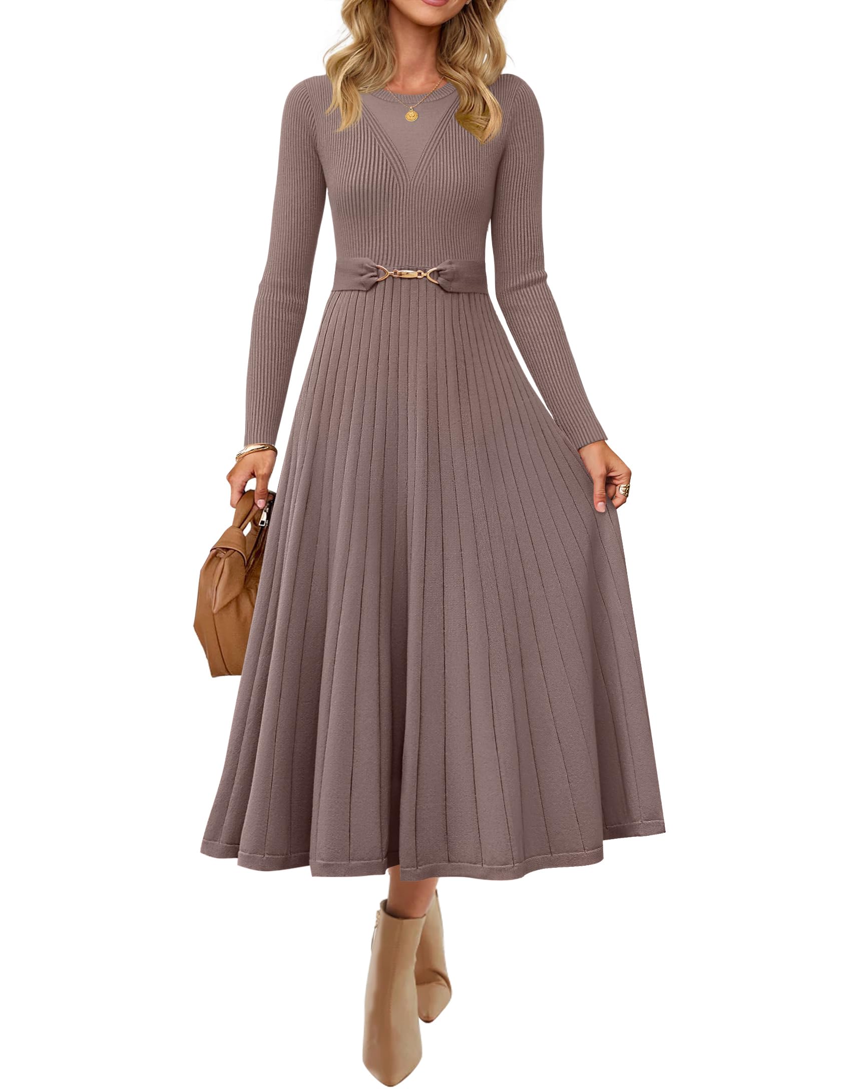 ZESICA Pleated Midi Dress with Belt