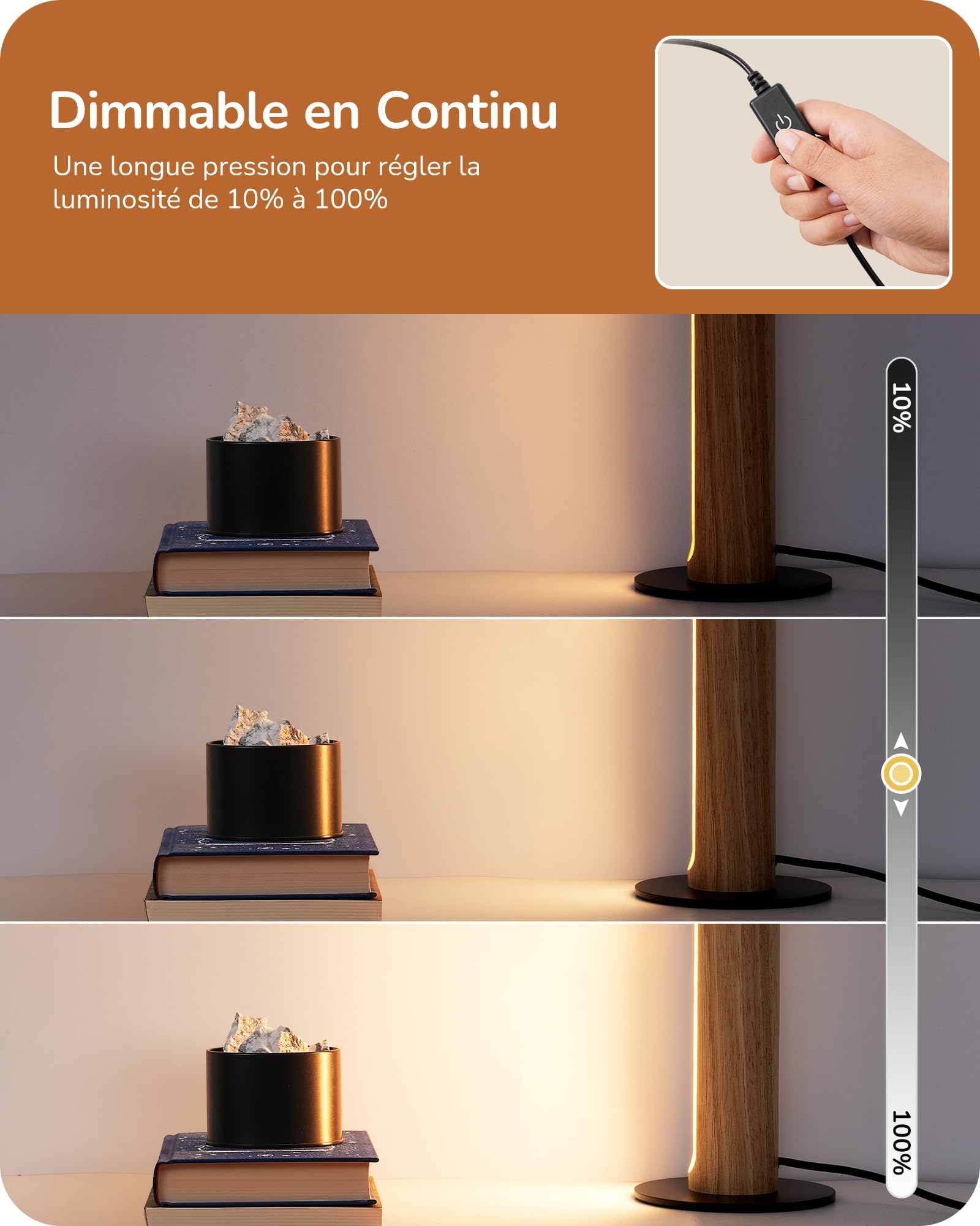 EDISHINE Lampe Chevet Bois, Variateur Tactile, 3 Températures de Couleur | Lampe de Table LED Intégrée avec Pied Métal & Cadre Bois, Fonction Mémoire, 3 Températures de Couleur pour Chambre, Bureau