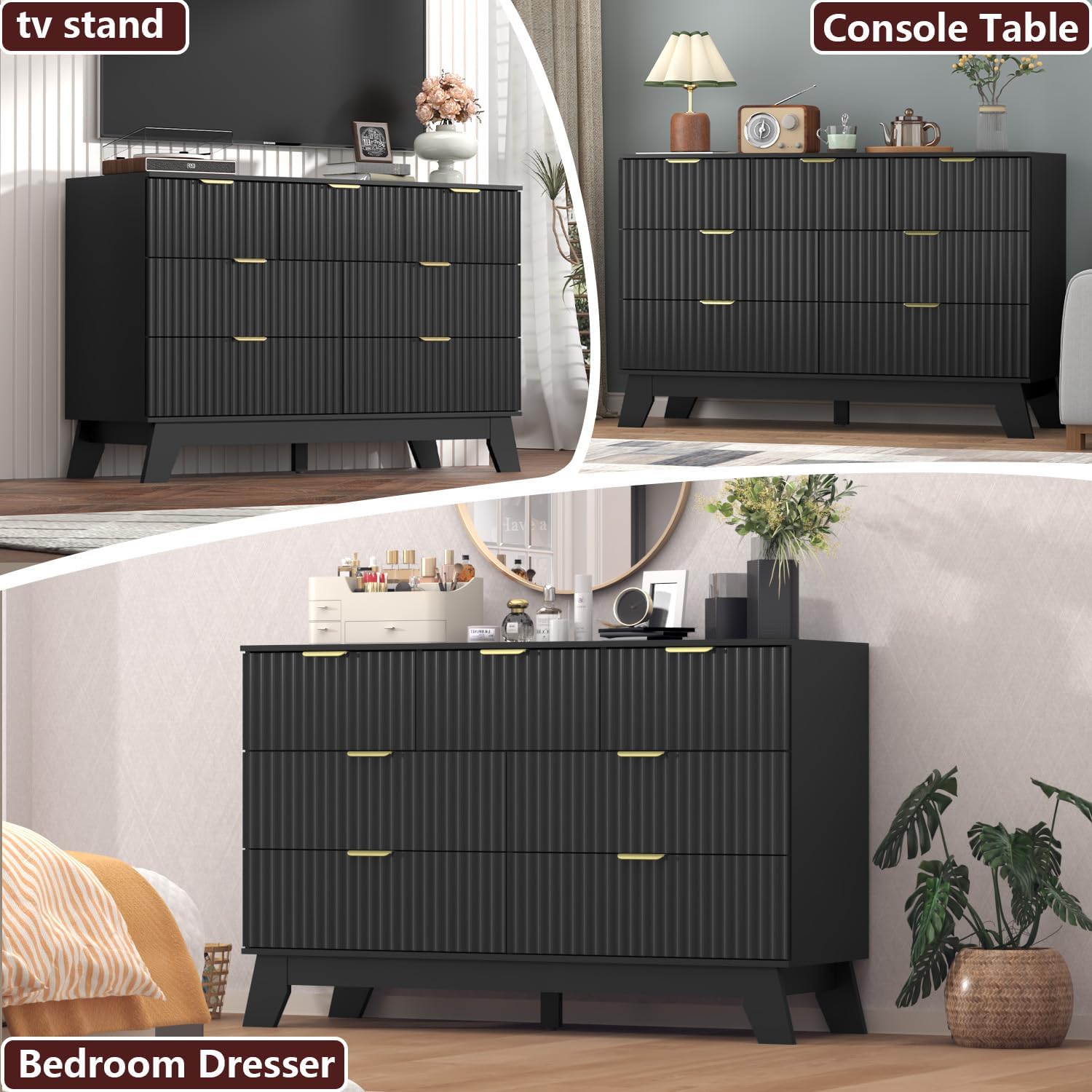 Images showing the dresser used as a TV stand, console table, and bedroom dresser
