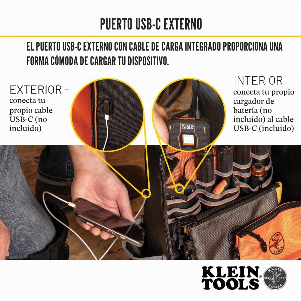 Klein Tools Tradesman Pro 62800BP - Mochila para herramientas (tamaño XL, 40 bolsillos), diseño de electricista, con fondo fundido, puerto de carga