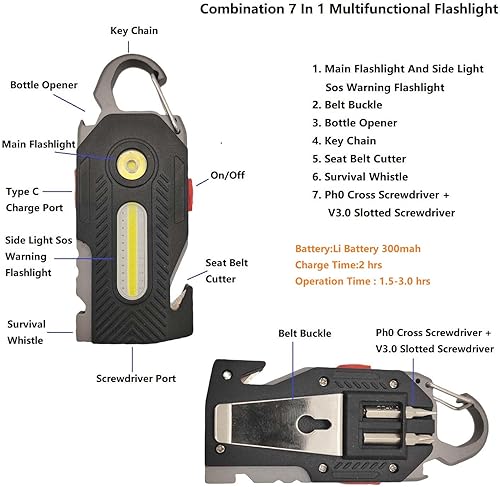 Miniatura 3 de Linterna multifuncional 7 en 1 Cob Llavero Luz de trabajo brillante recargable portátil Led Sos luz con abridor de botellas Cinturón de seguridad