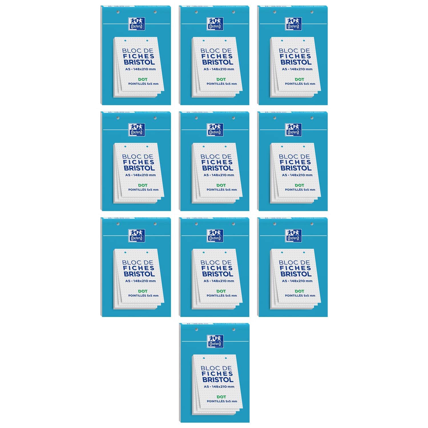 OXFORD Lot de 10 Blocs de 30 fiches bristol 148X210 perforées DOT blanc